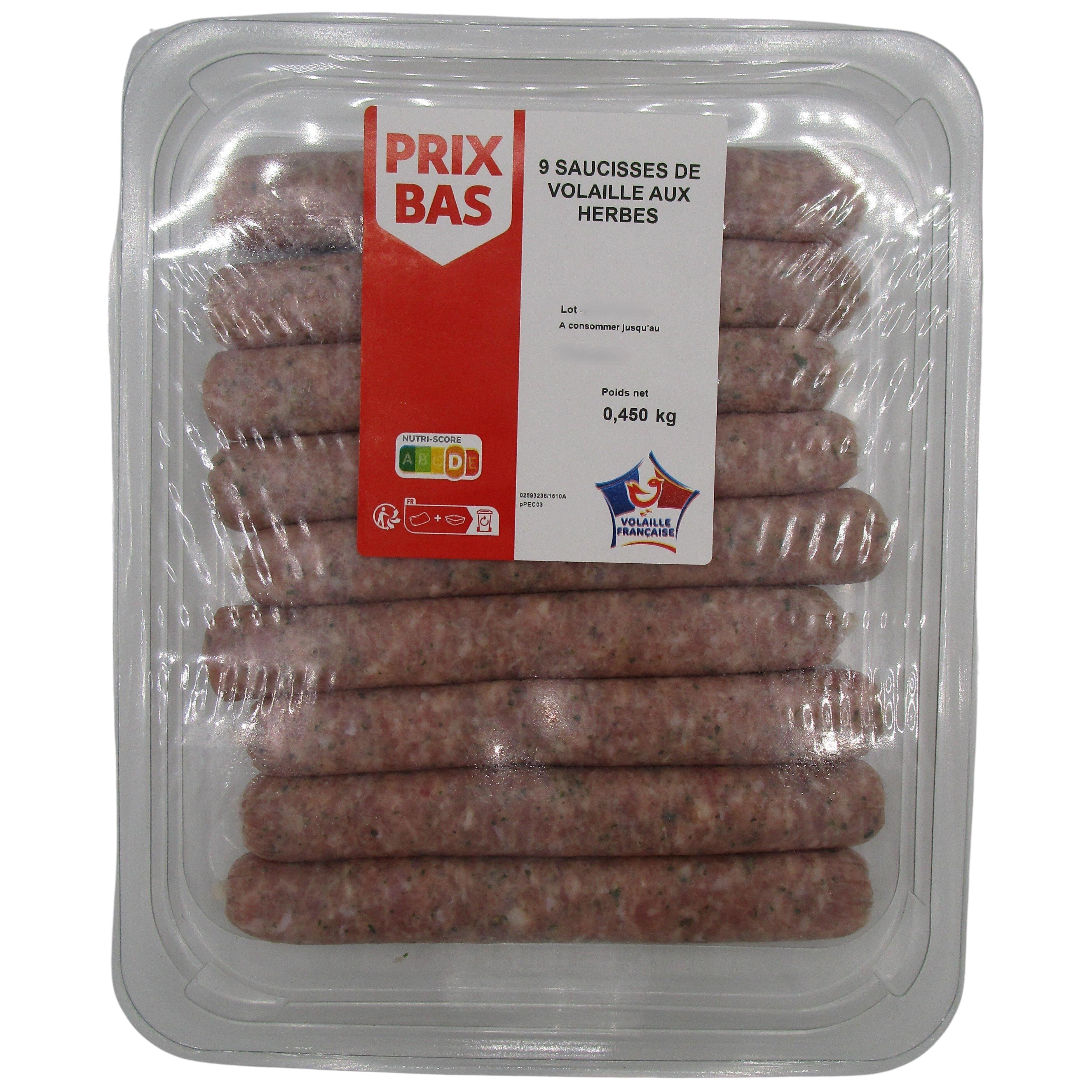 Voir la diapositive 2 : PRIX BAS Saucisse de volaille aux herbes 450g