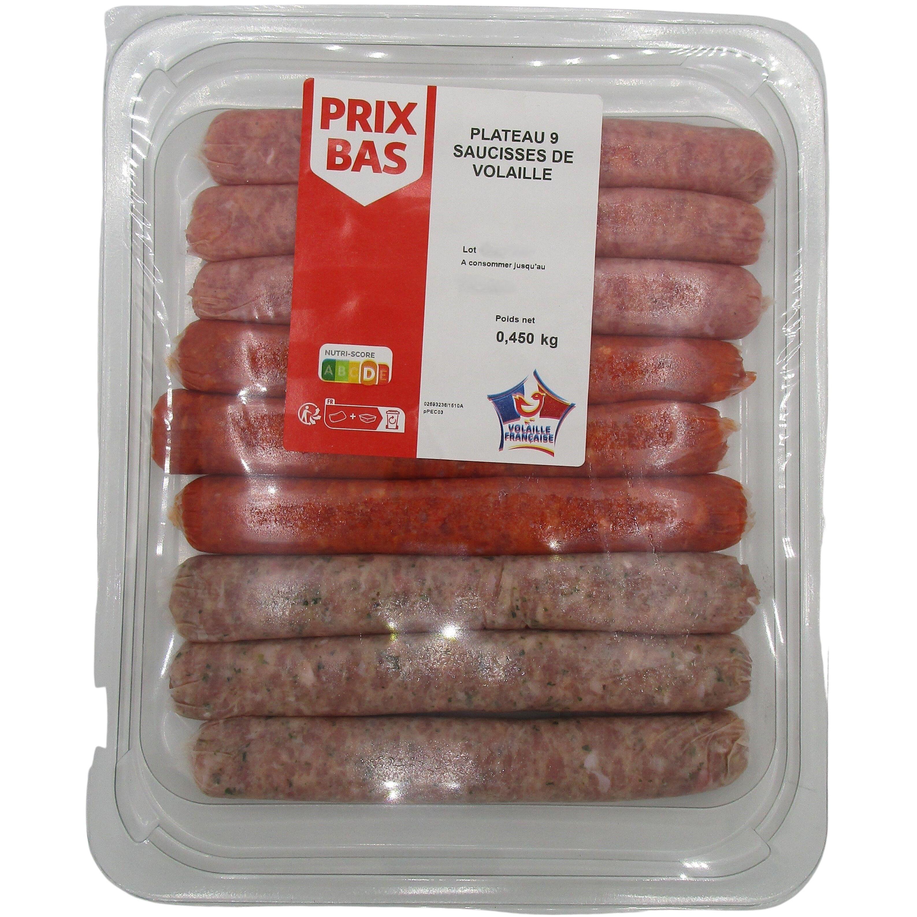Voir la diapositive 2 : PRIX BAS Barquette de merguez, saucisses natures et saucisses aux herbes 9 pièces 450g