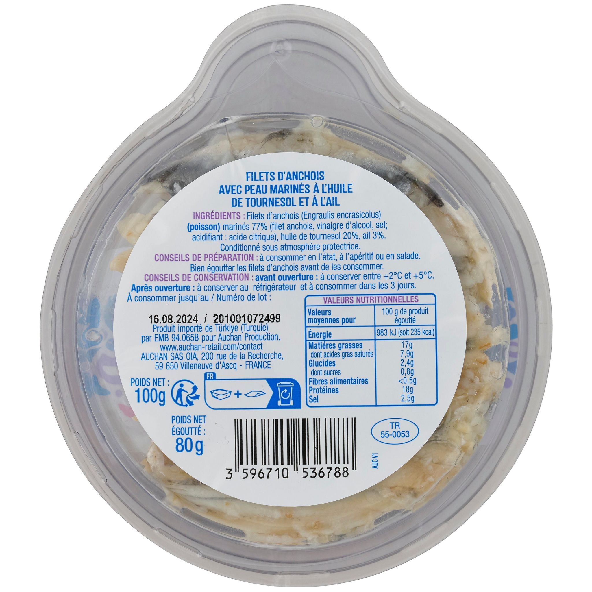 Voir la diapositive 2 : AUCHAN Filet d'anchois à l'ail spécial tapas 100g