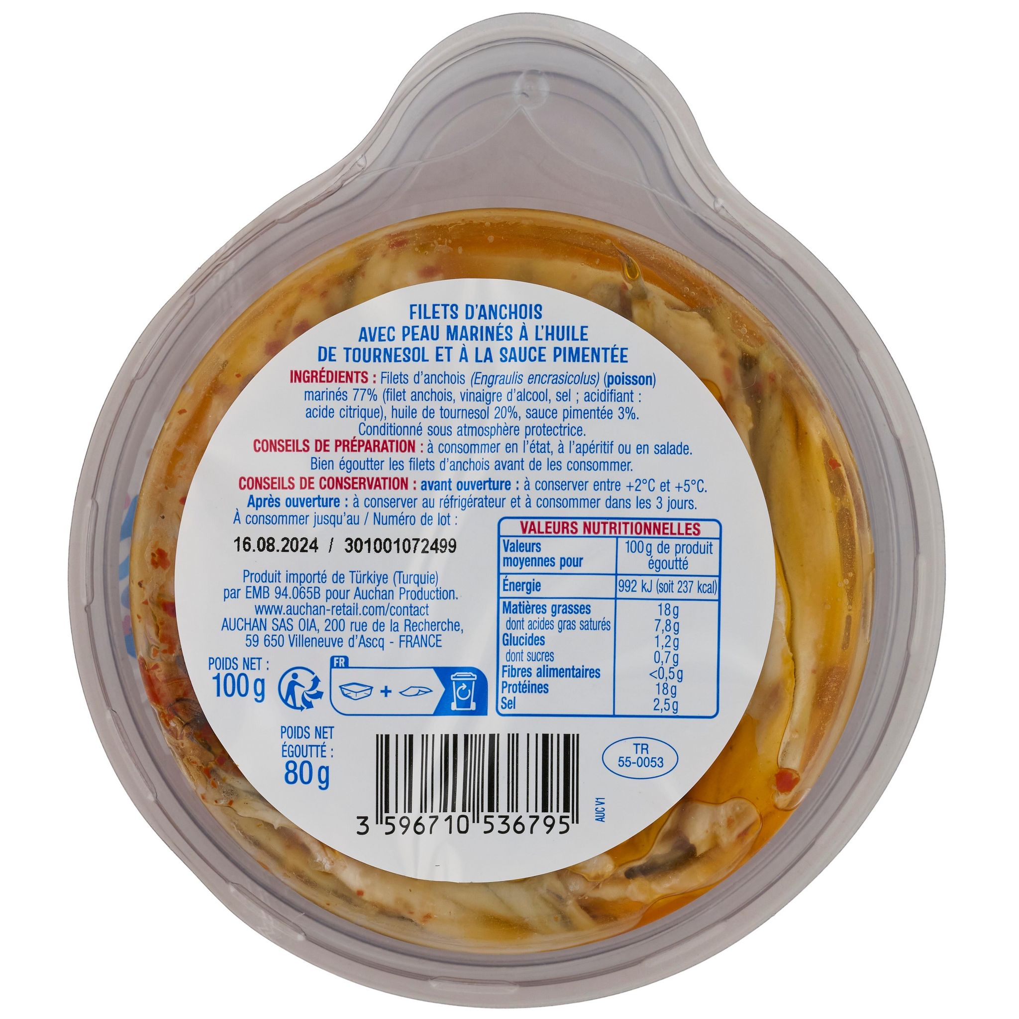 Voir la diapositive 2 : AUCHAN Filet d'anchois pimentés spécial tapas 100g