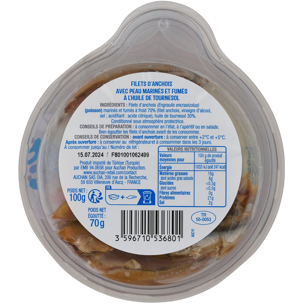 AUCHAN Filet d'anchois fumés à froid spécial tapas 70g
