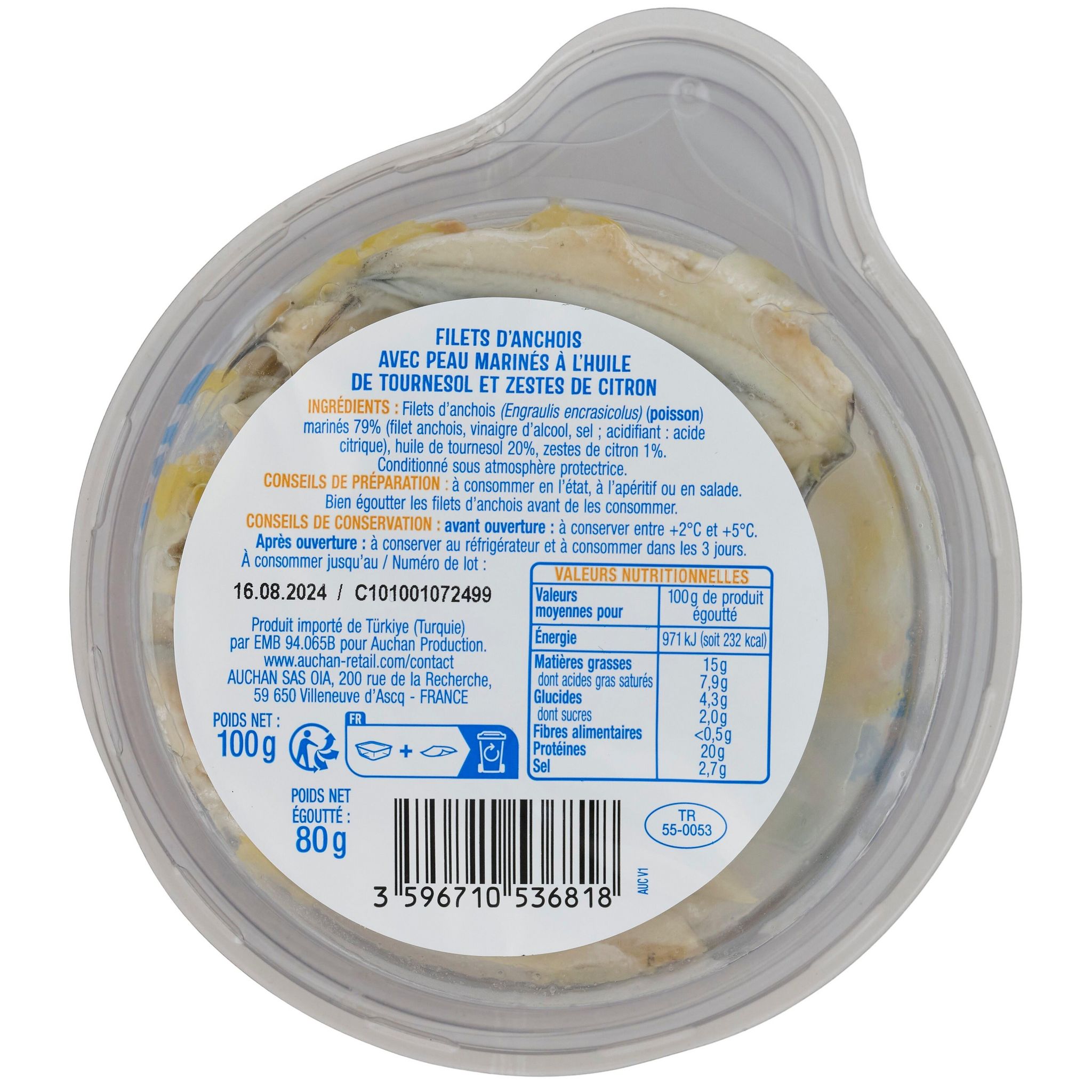 Voir la diapositive 3 : AUCHAN Filet d'anchois aux zestes de citron spécial tapas 100g