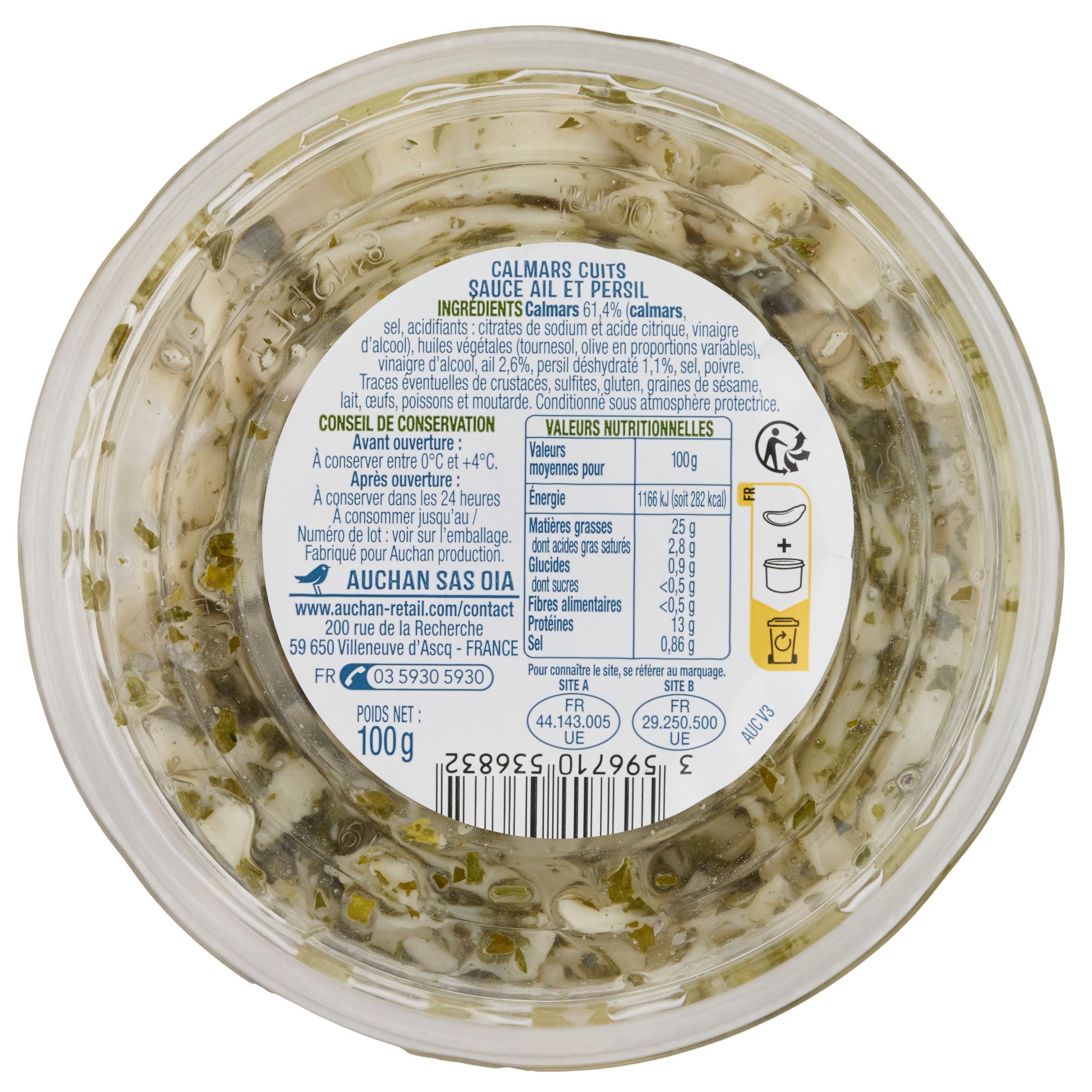 Voir la diapositive 2 : AUCHAN Calmars ail et persil spécial tapas 100g