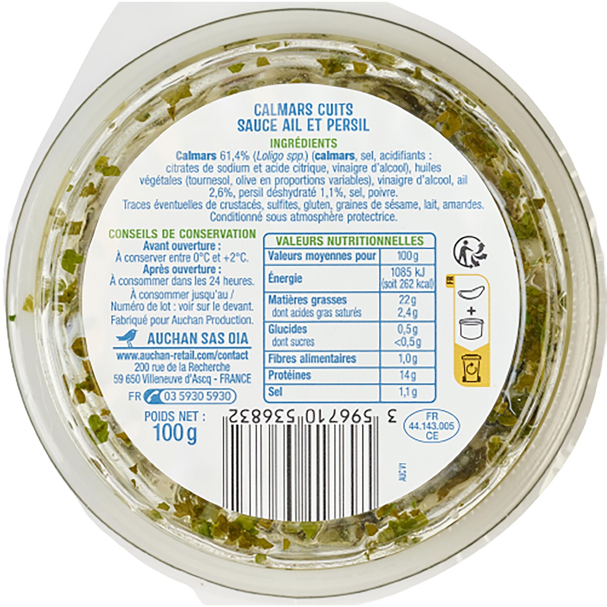 Voir la diapositive 2 : AUCHAN Calmars ail et persil spécial tapas 100g