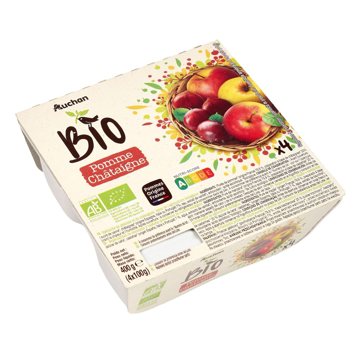 AUCHAN BIO Coupelles de purée pommes et châtaignes 4 coupelles 4x100g
