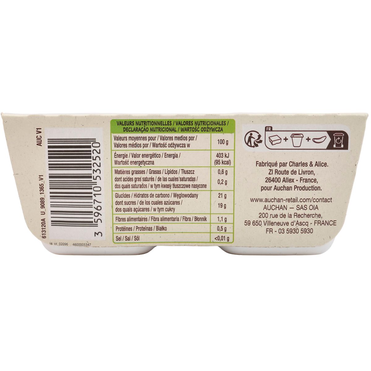 AUCHAN BIO Coupelles de purée pommes et châtaignes 4 coupelles 4x100g