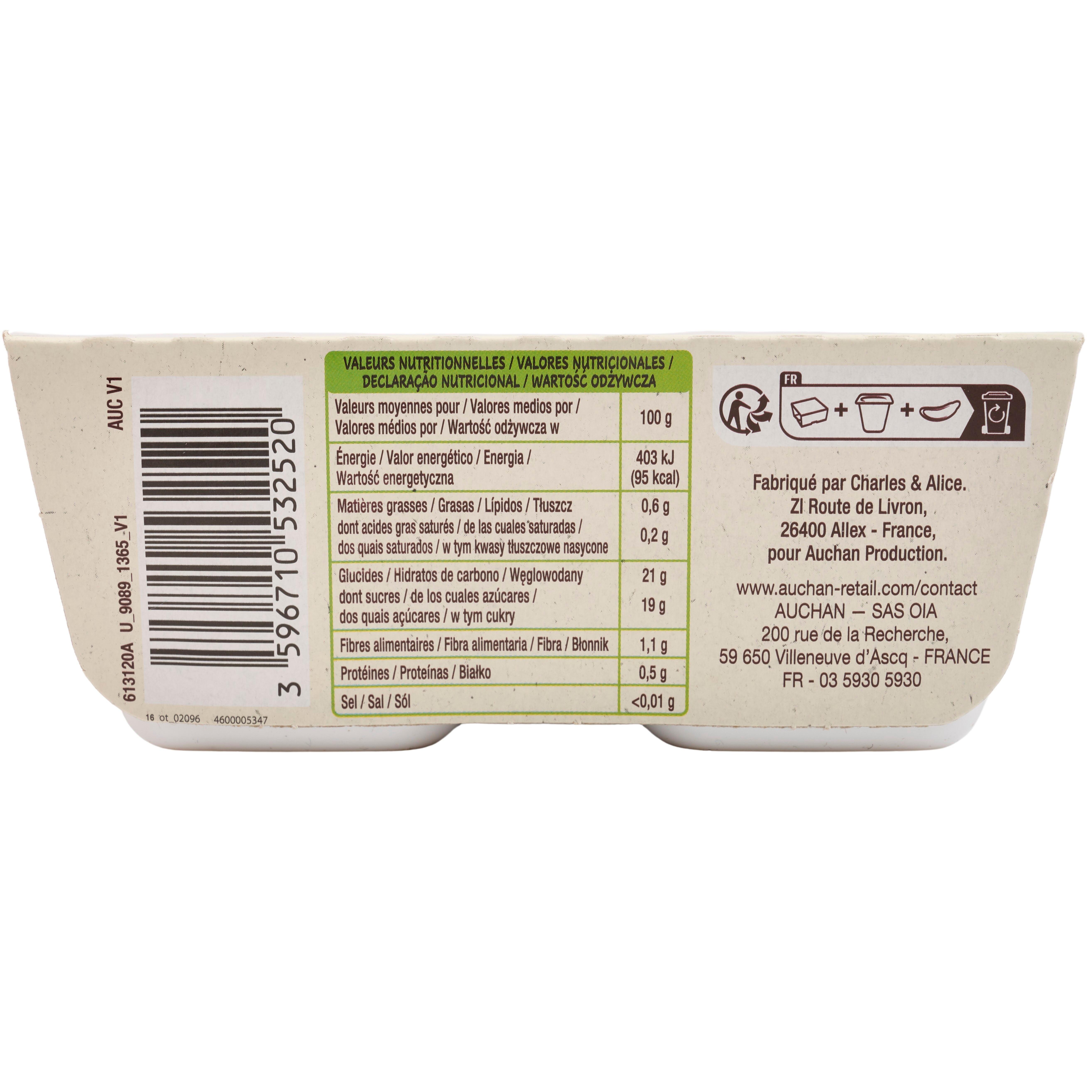Voir la diapositive 4 : AUCHAN BIO Coupelles de purée pommes et châtaignes 4 coupelles 4x100g