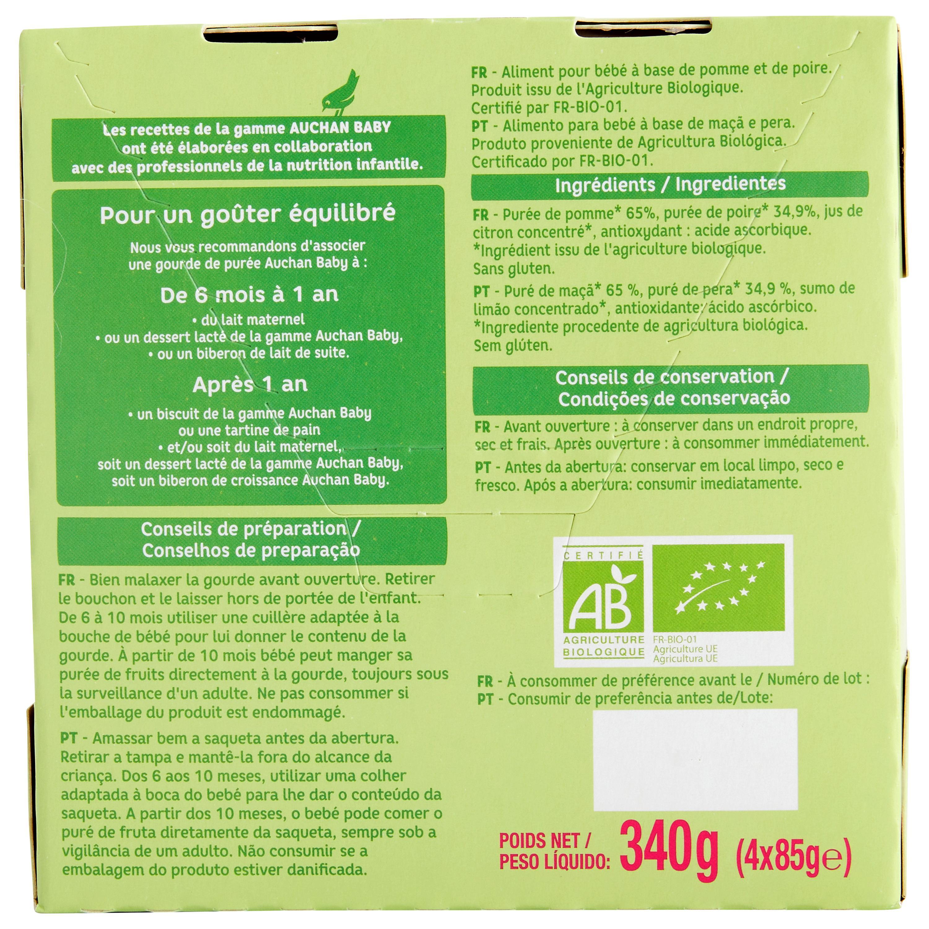 Voir la diapositive 2 : AUCHAN BABY BIO Gourde purée de fruits à la pomme poire dès 6 mois 4x85g