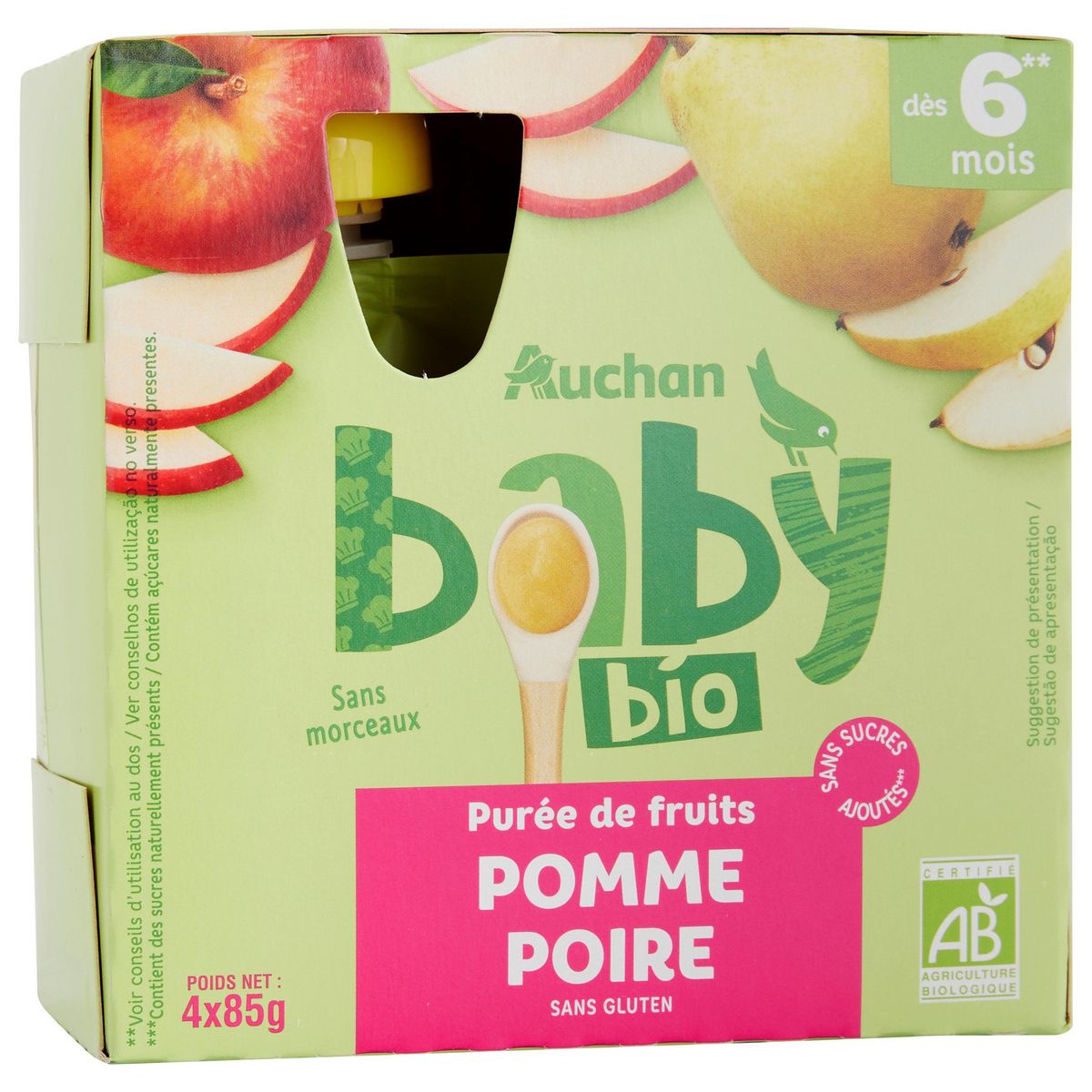 AUCHAN BABY BIO Gourde purée de fruits à la pomme poire dès 6 mois 4x85g