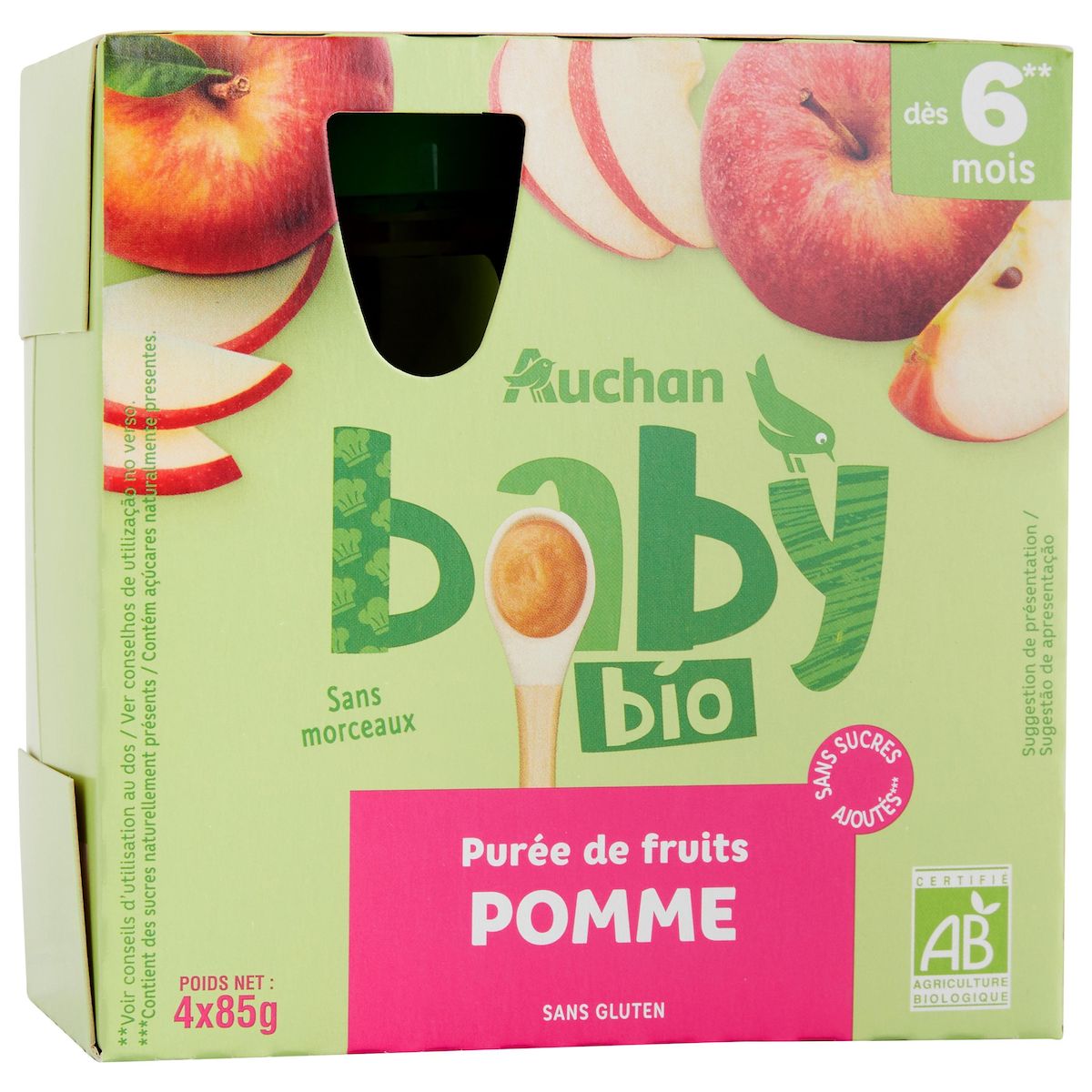 AUCHAN BABY BIO Gourde purée de fruits à la pomme dès 6 mois 4x85g