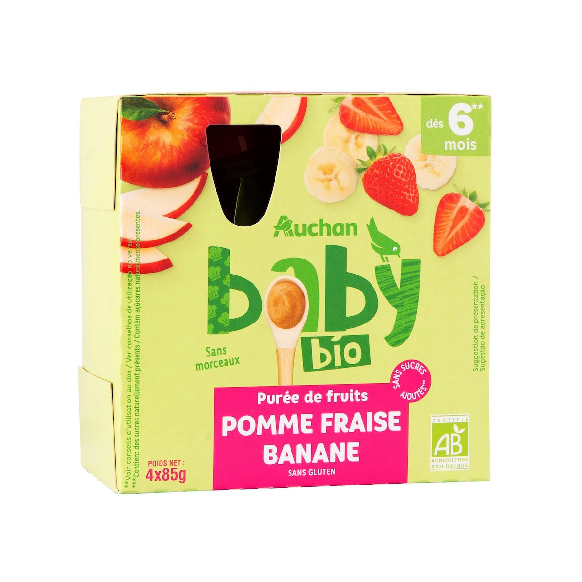 AUCHAN BABY BIO Gourde purée de fruits à la pomme fraise et banane dès 6 mois 4x85g