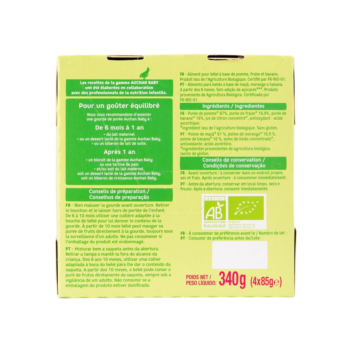 AUCHAN BABY BIO Gourde purée de fruits à la pomme fraise et banane dès 6 mois 4x85g