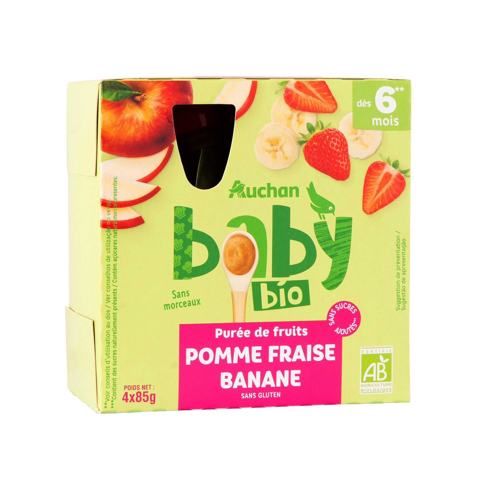 Voir la diapositive 3 : AUCHAN BABY BIO Gourde purée de fruits à la pomme fraise et banane dès 6 mois 4x85g