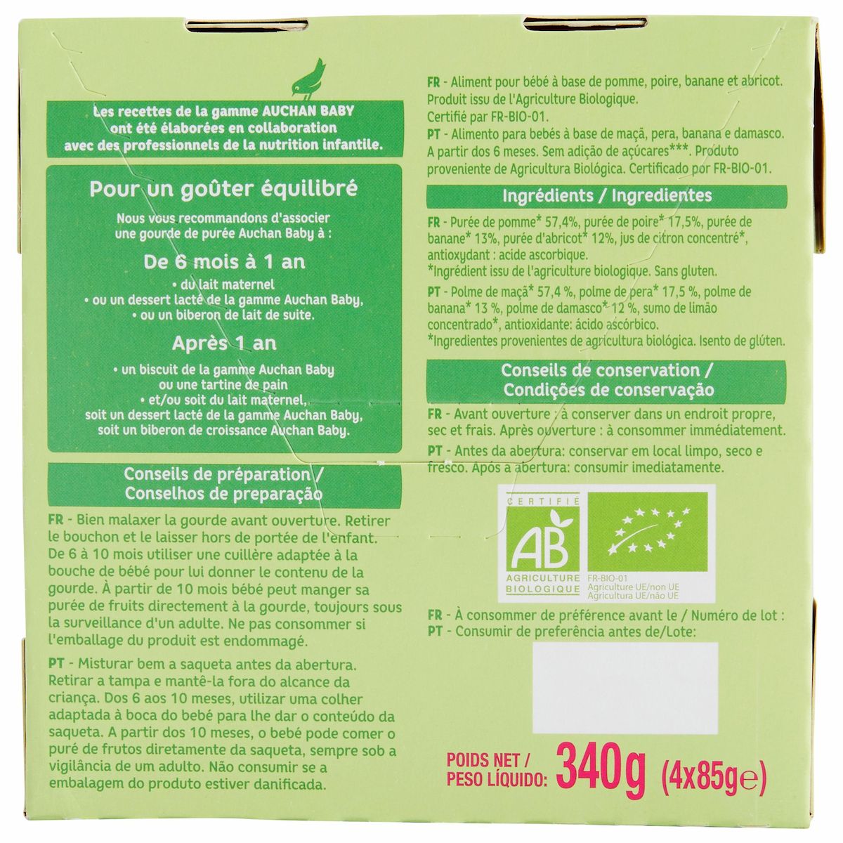AUCHAN BABY BIO Gourdes purée de fruits au cocktail de fruits dès 6 mois 4x85g