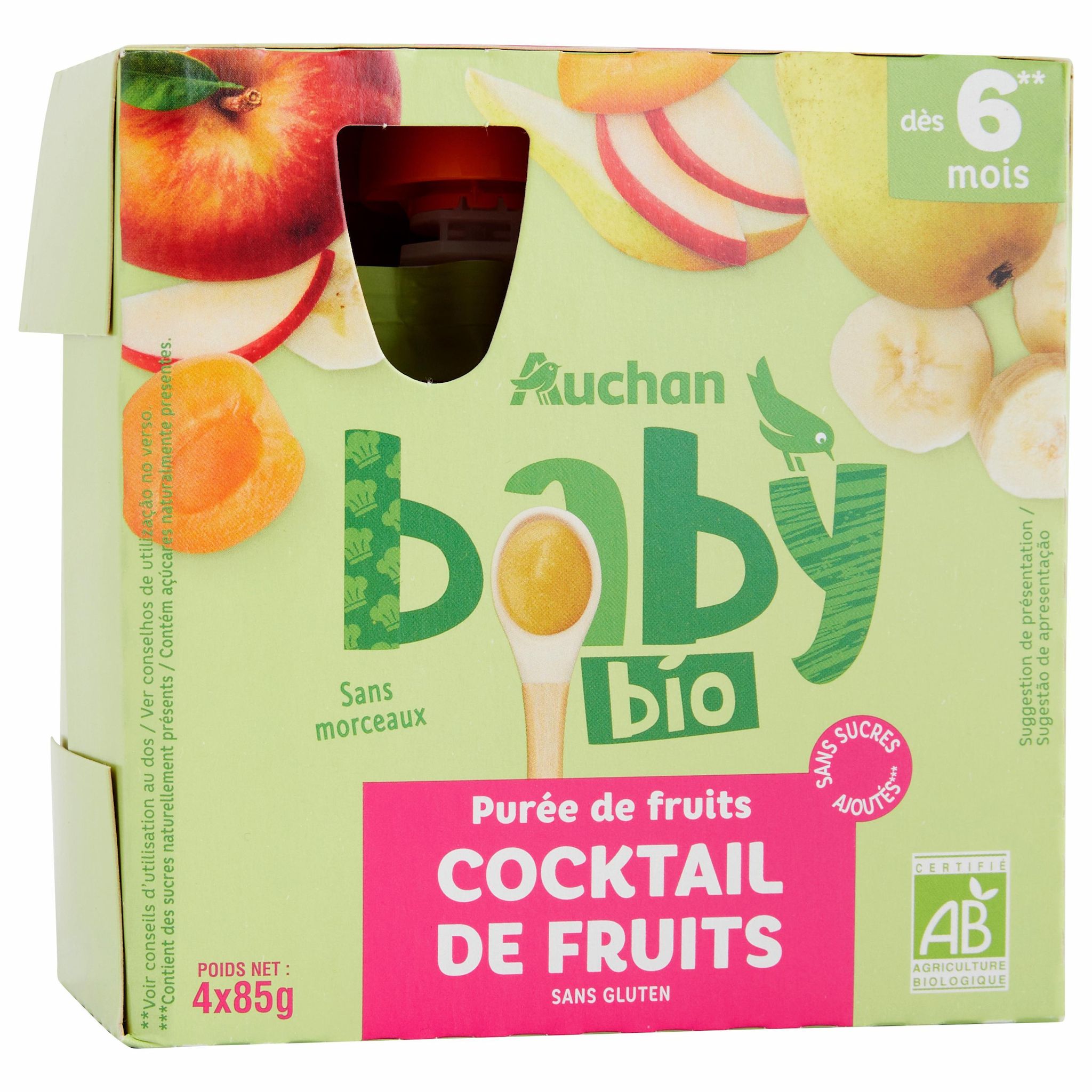 Voir la diapositive 3 : AUCHAN BABY BIO Gourdes purée de fruits au cocktail de fruits dès 6 mois 4x85g