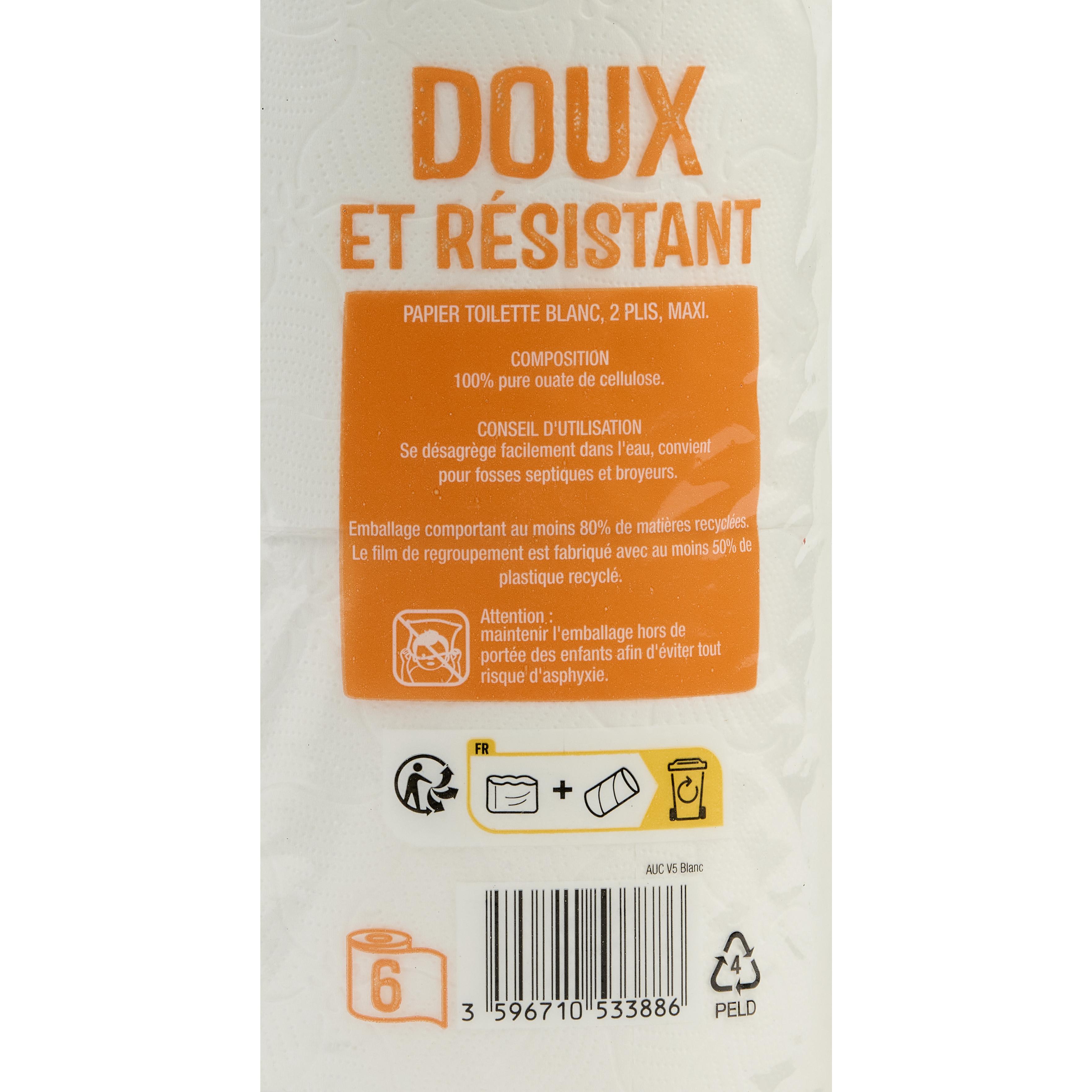 Voir la diapositive 2 : AUCHAN Papier toilette blanc maxi doux et résistant 2 épaisseurs 6 rouleaux  = 9 standards