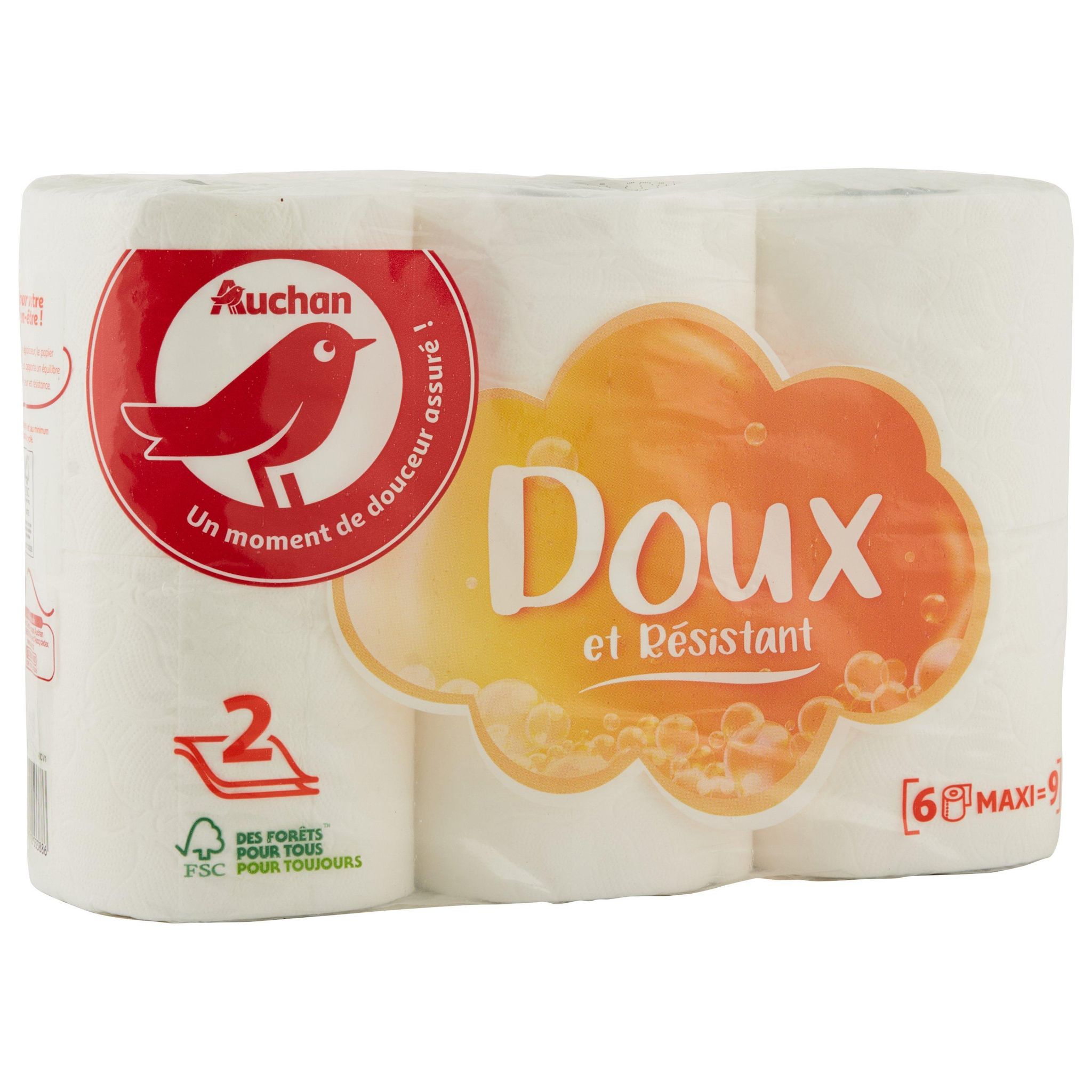 Voir la diapositive 2 : AUCHAN Papier toilette blanc maxi doux et résistant 2 épaisseurs 6 rouleaux  = 9 standards