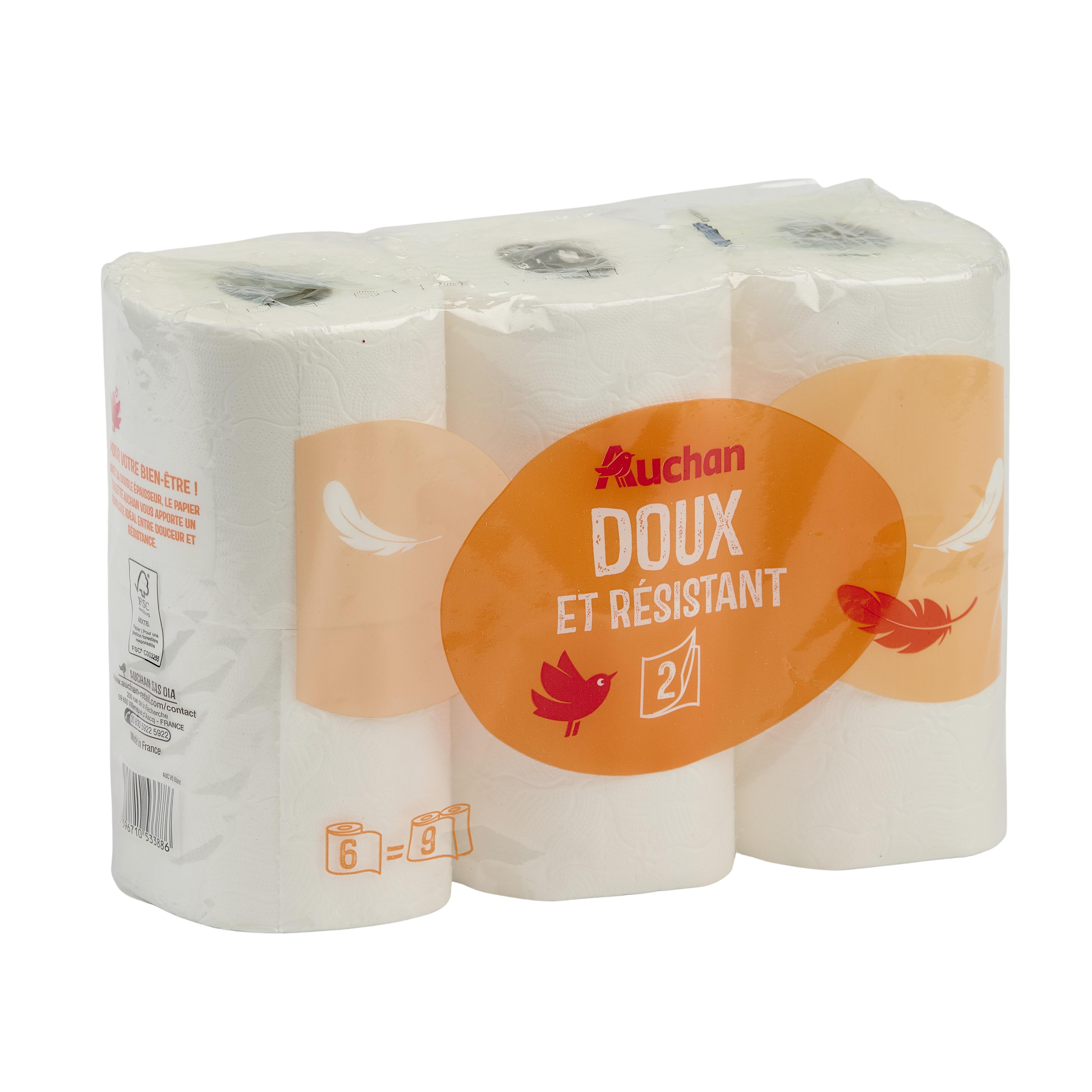 Voir la diapositive 3 : AUCHAN Papier toilette blanc maxi doux et résistant 2 épaisseurs 6 rouleaux  = 9 standards