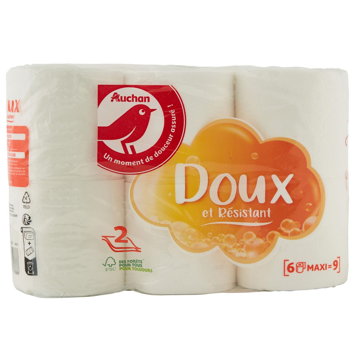 AUCHAN Papier toilette blanc maxi doux et résistant 2 épaisseurs 6 rouleaux  = 9 standards