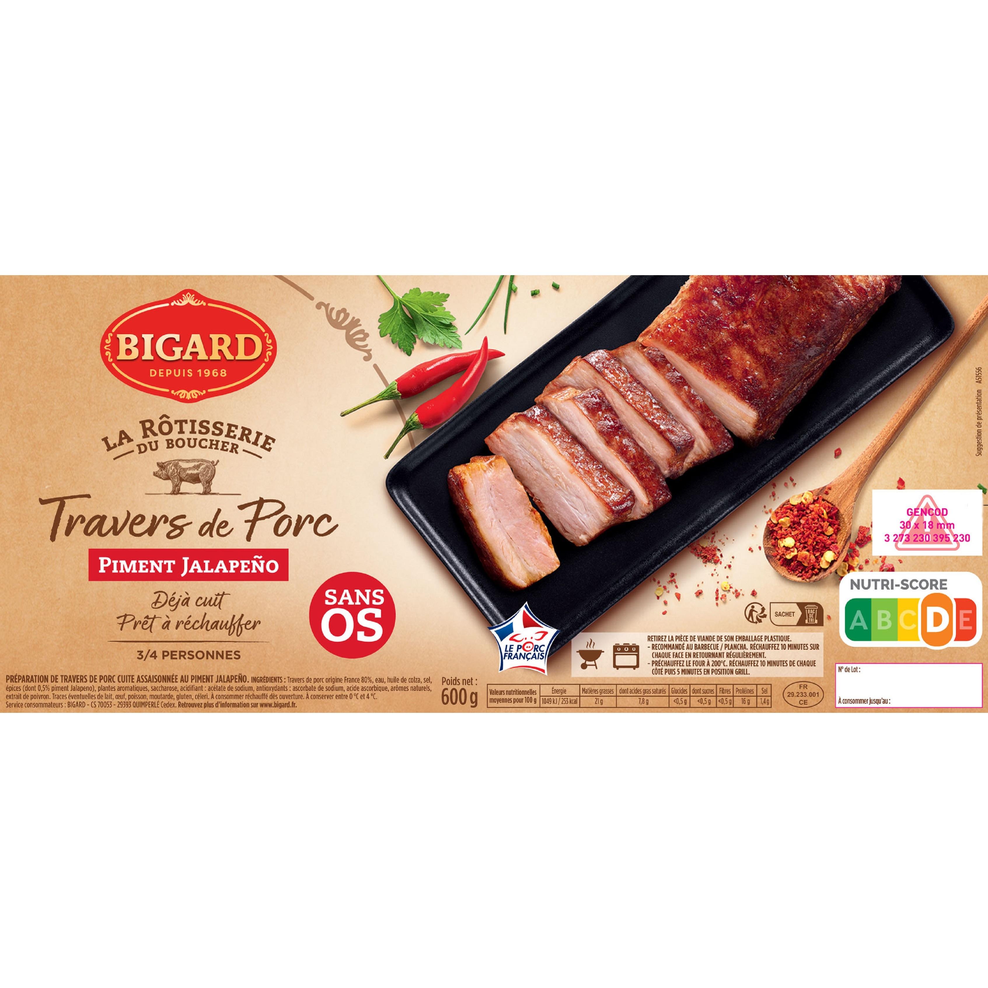 BIGARD Travers de porc sans os au piment Jalapeño 3/4 parts 600g