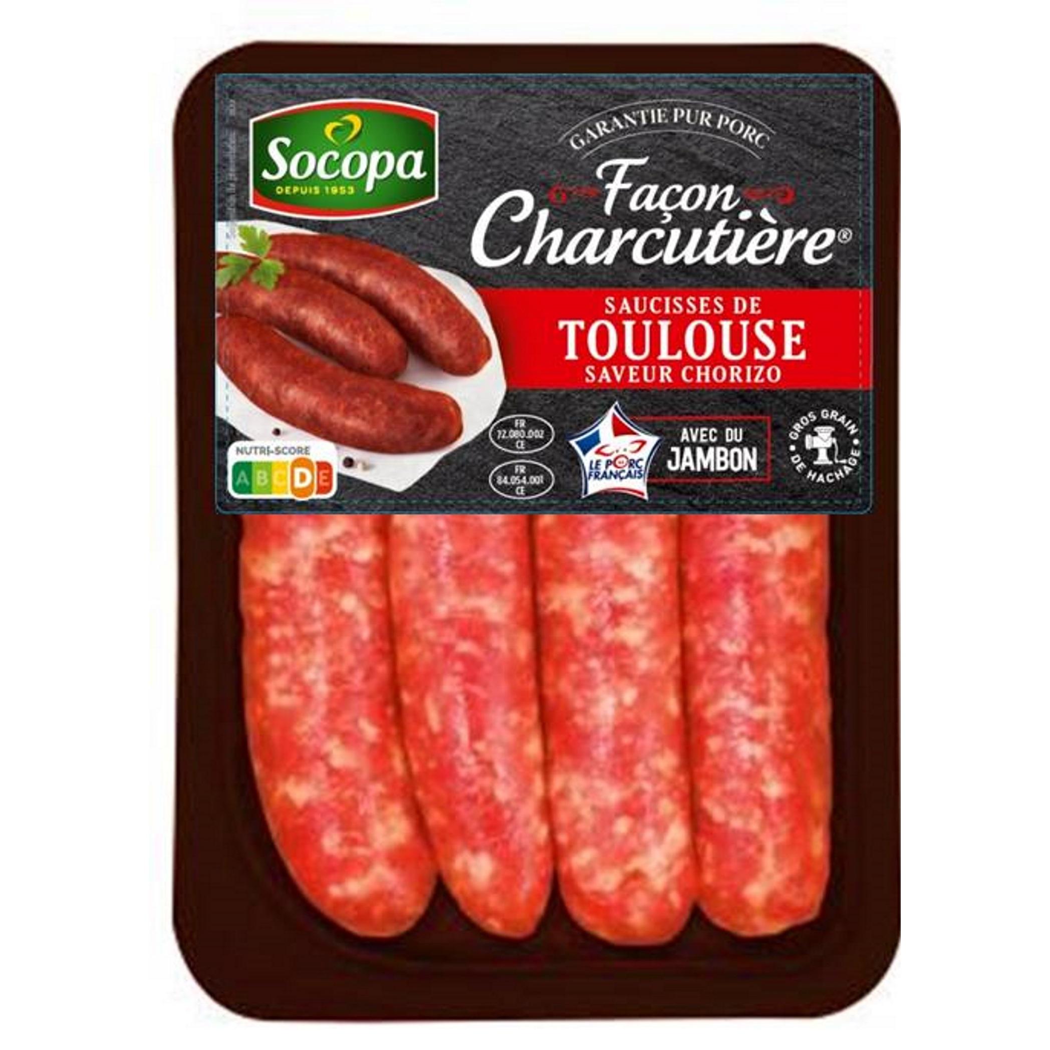 Voir la diapositive 2 : SOCOPA Saucisses de Toulouse saveur chorizo 4x100g