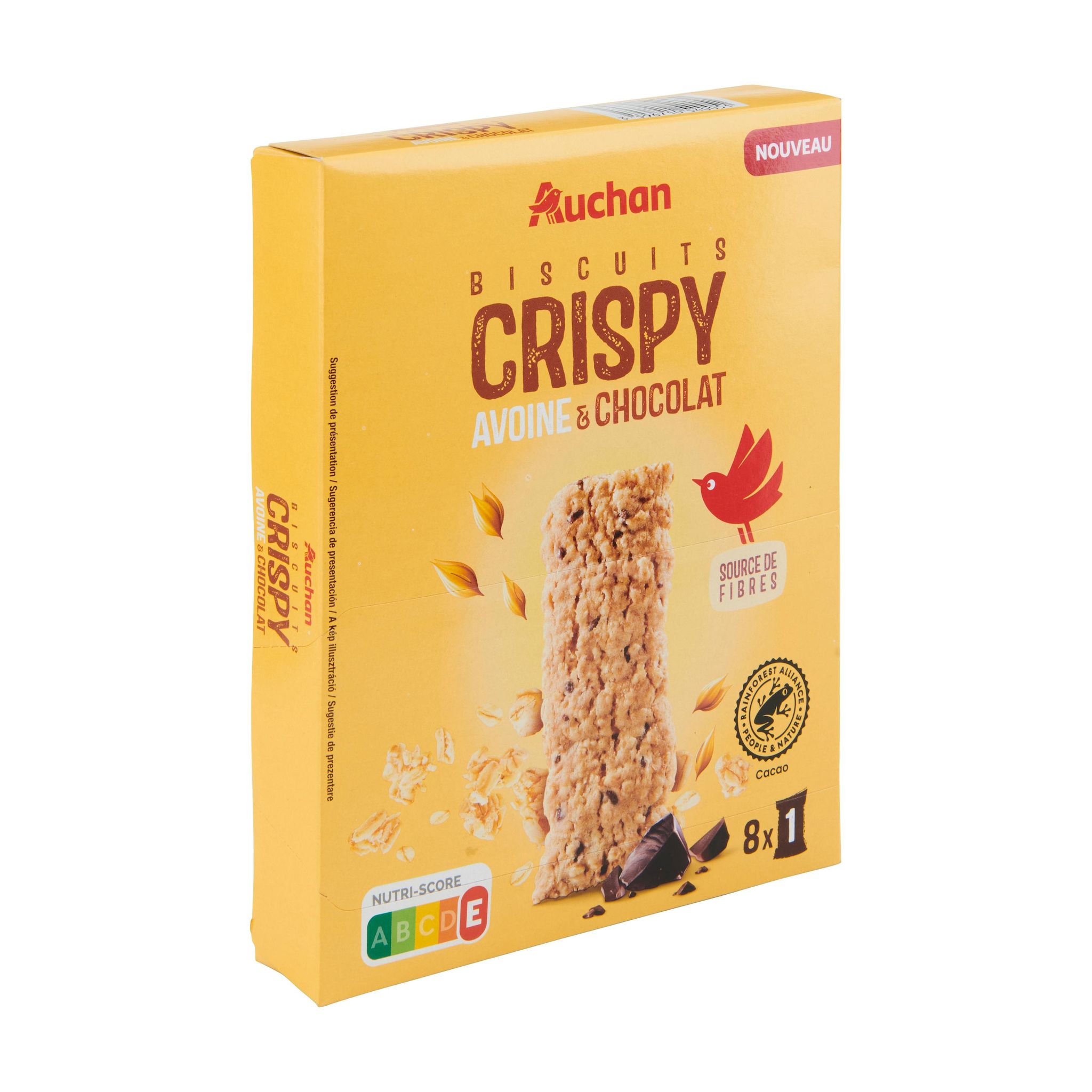 Voir la diapositive 2 : AUCHAN Biscuits Crispy avoine et chocolat 8 barres 176g