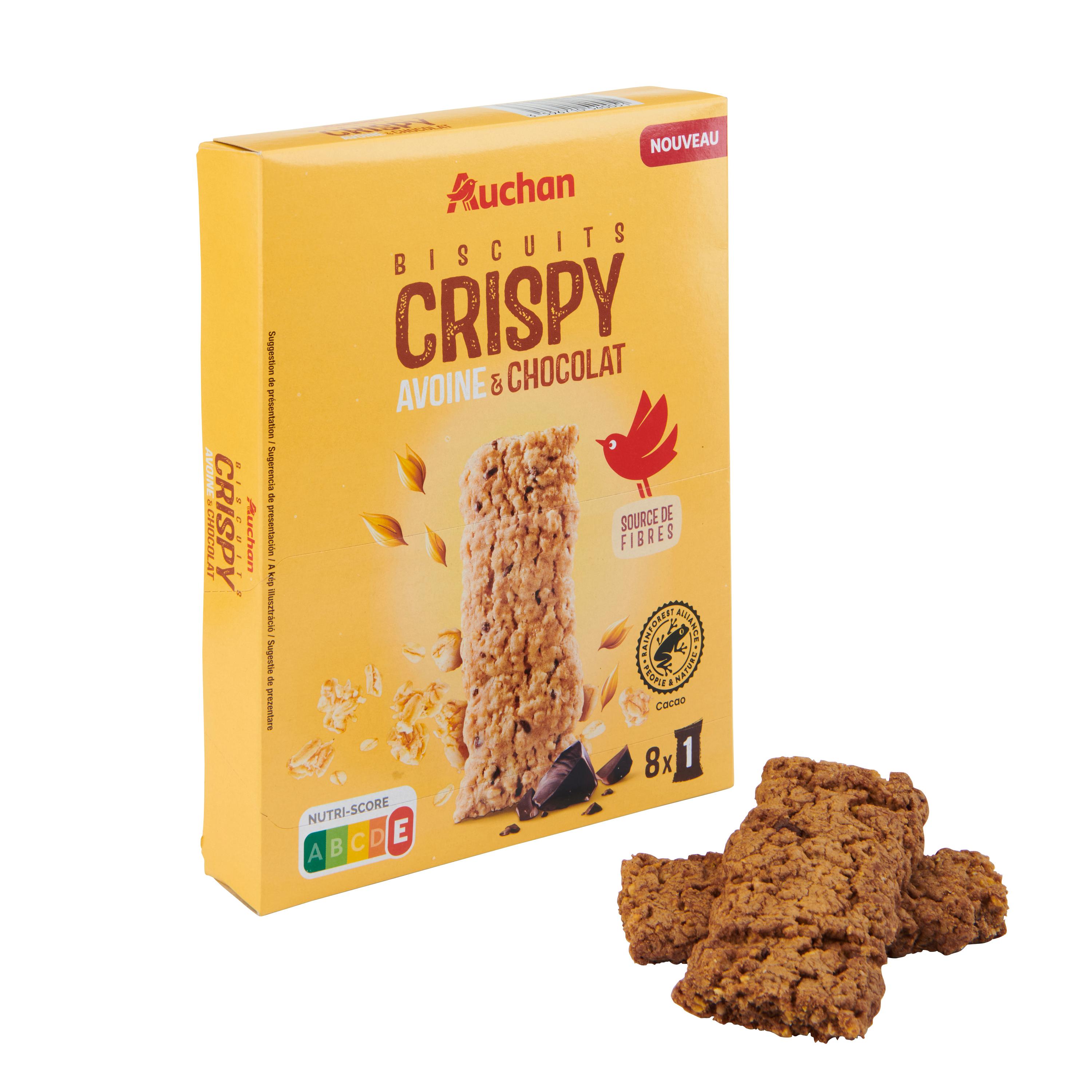 Voir la diapositive 3 : AUCHAN Biscuits Crispy avoine et chocolat 8 barres 176g