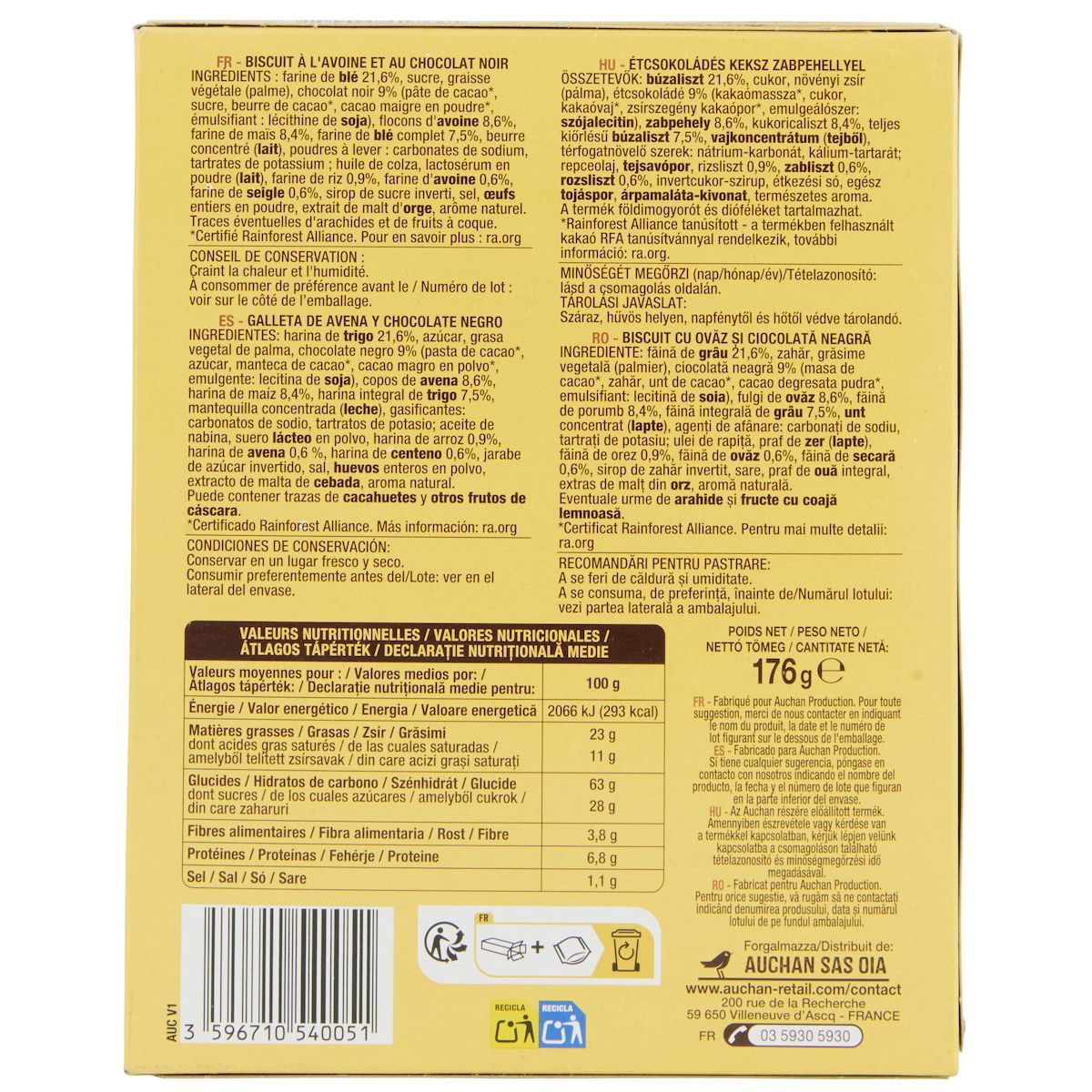 AUCHAN Biscuits Crispy avoine et chocolat 8 barres 176g