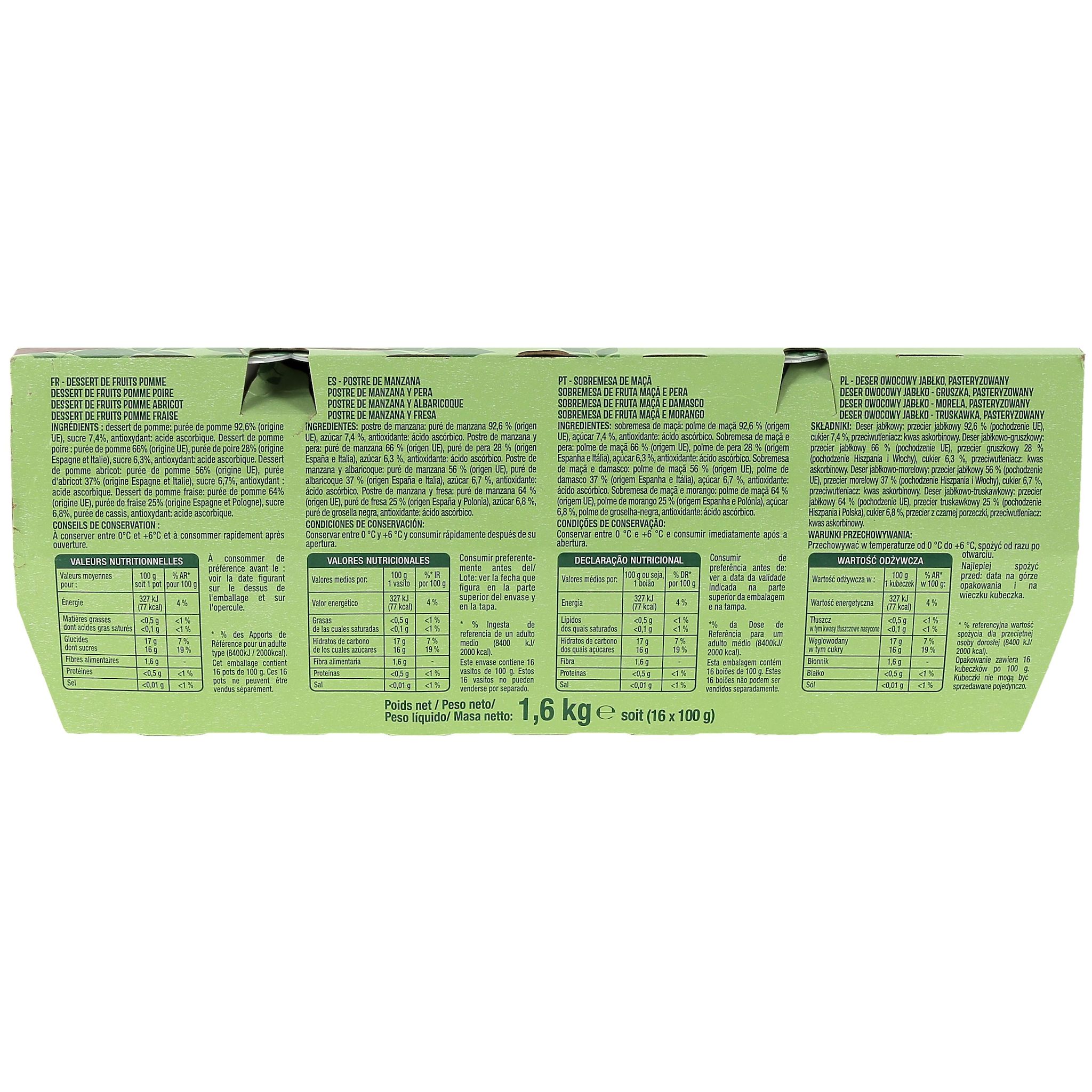 Voir la diapositive 2 : AUCHAN Spécialité panaché pomme pomme/poire pomme/abricot pomme/fraise 16x100g