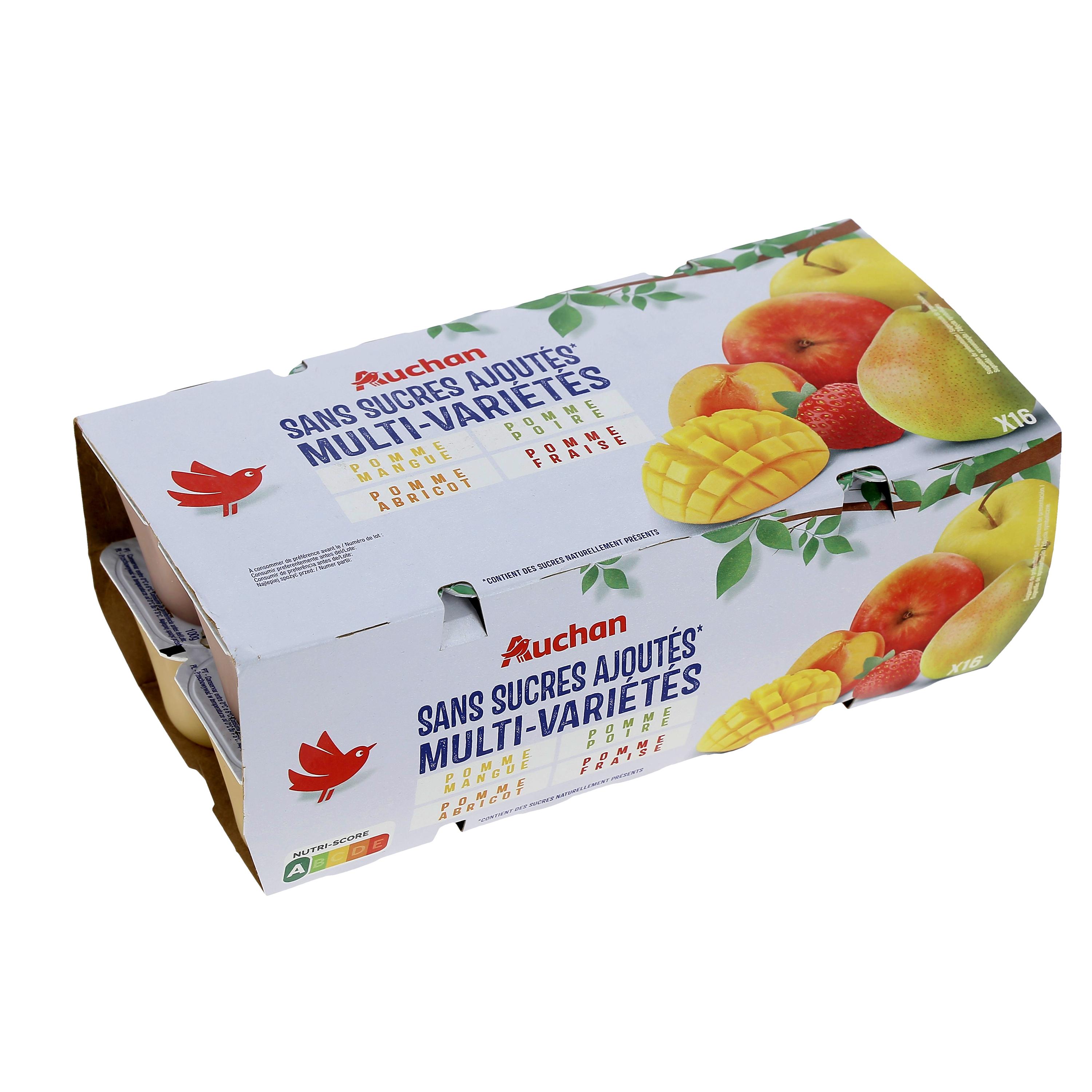 Voir la diapositive 2 : AUCHAN Spécialité panaché pomme/mangue pomme/poire pomme/abricot pomme/fraise sans sucres ajoutés 16x100g