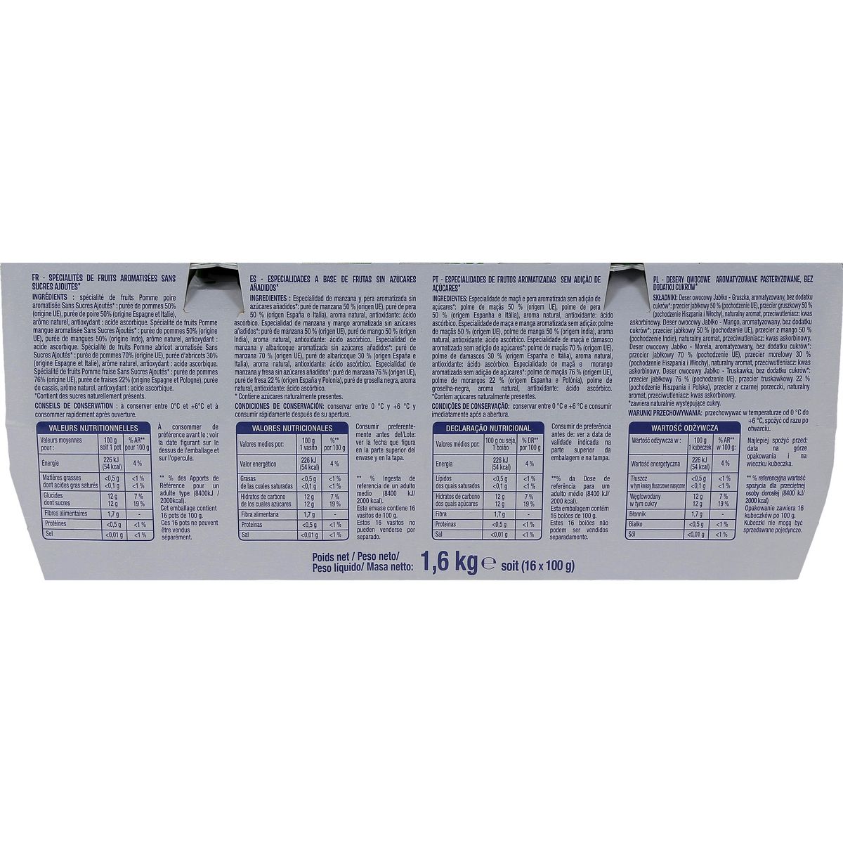 AUCHAN Spécialité panaché pomme/mangue pomme/poire pomme/abricot pomme/fraise sans sucres ajoutés 16x100g