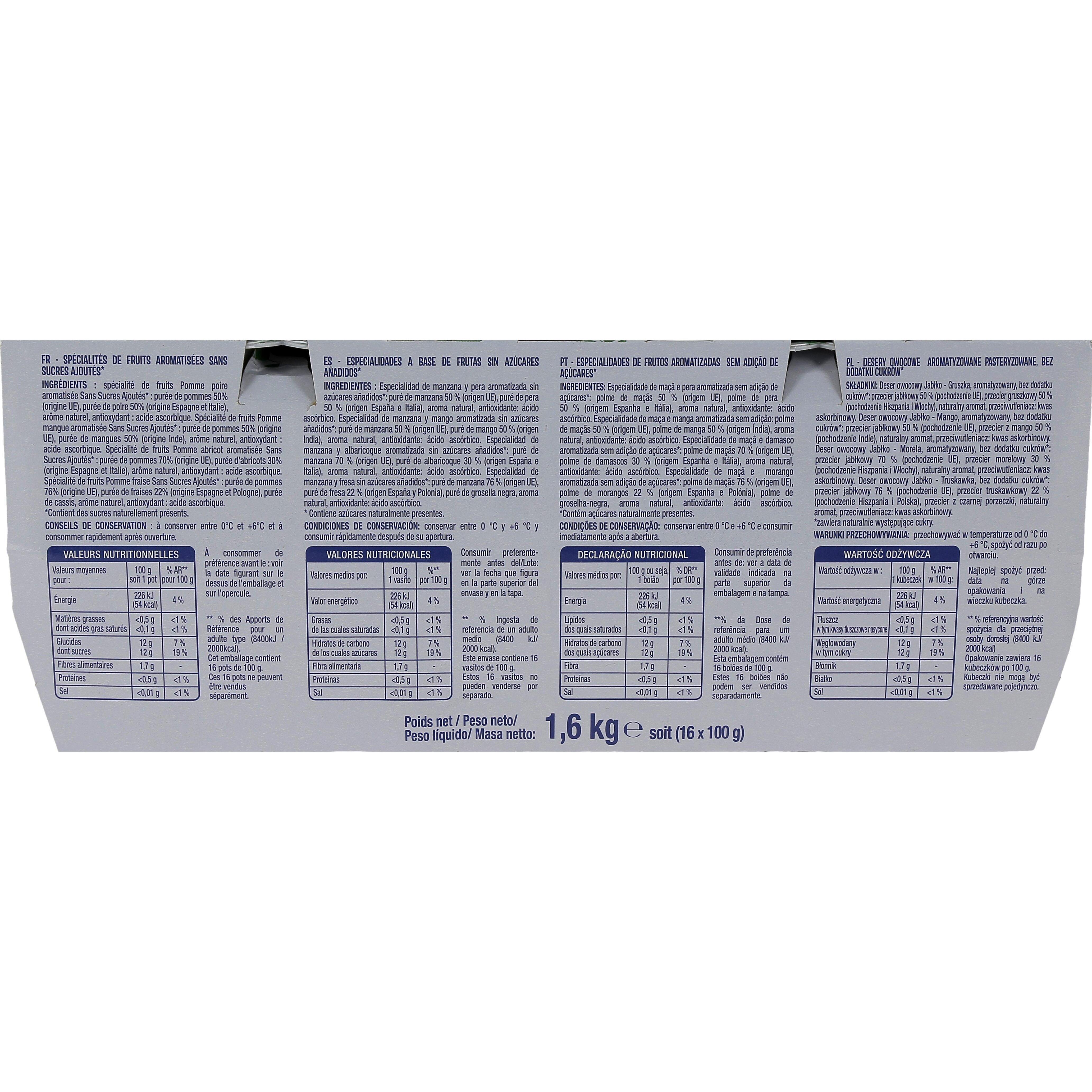 Voir la diapositive 3 : AUCHAN Spécialité panaché pomme/mangue pomme/poire pomme/abricot pomme/fraise sans sucres ajoutés 16x100g