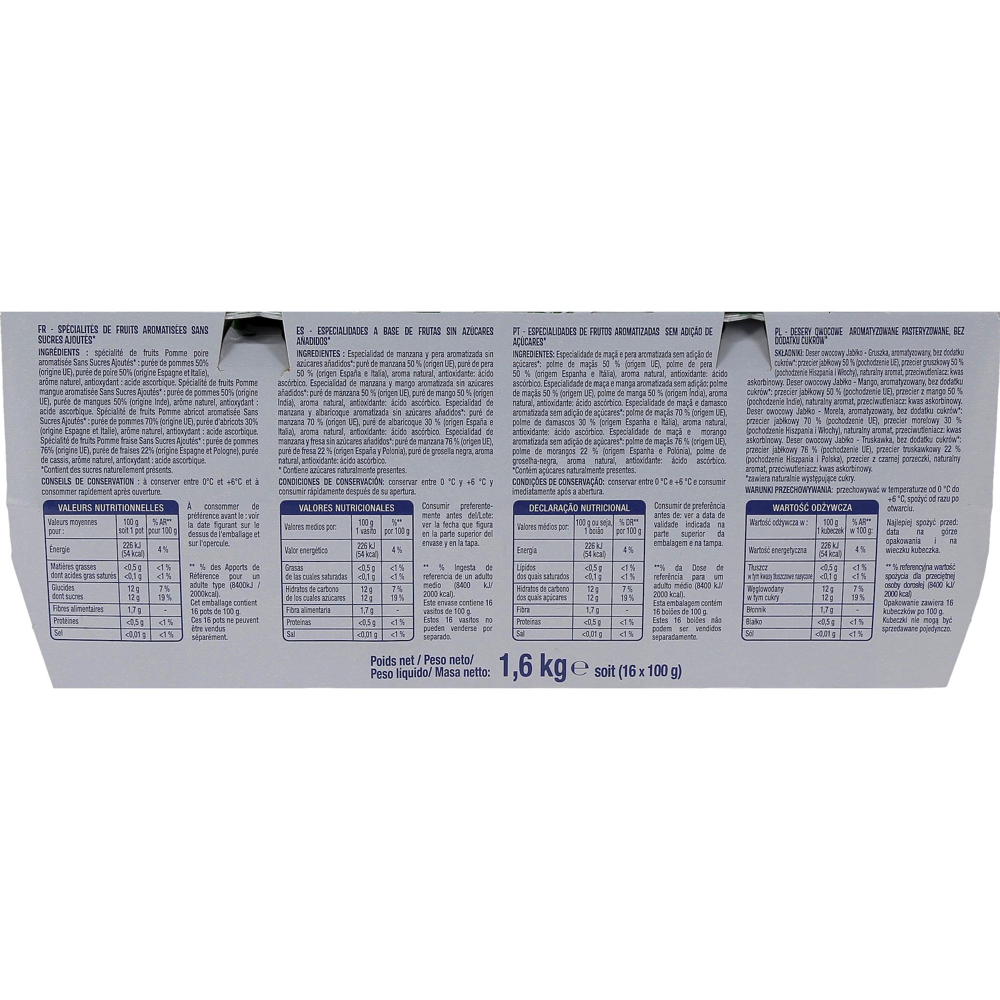 Voir la diapositive 3 : AUCHAN Spécialité panaché pomme/mangue pomme/poire pomme/abricot pomme/fraise sans sucres ajoutés 16x100g