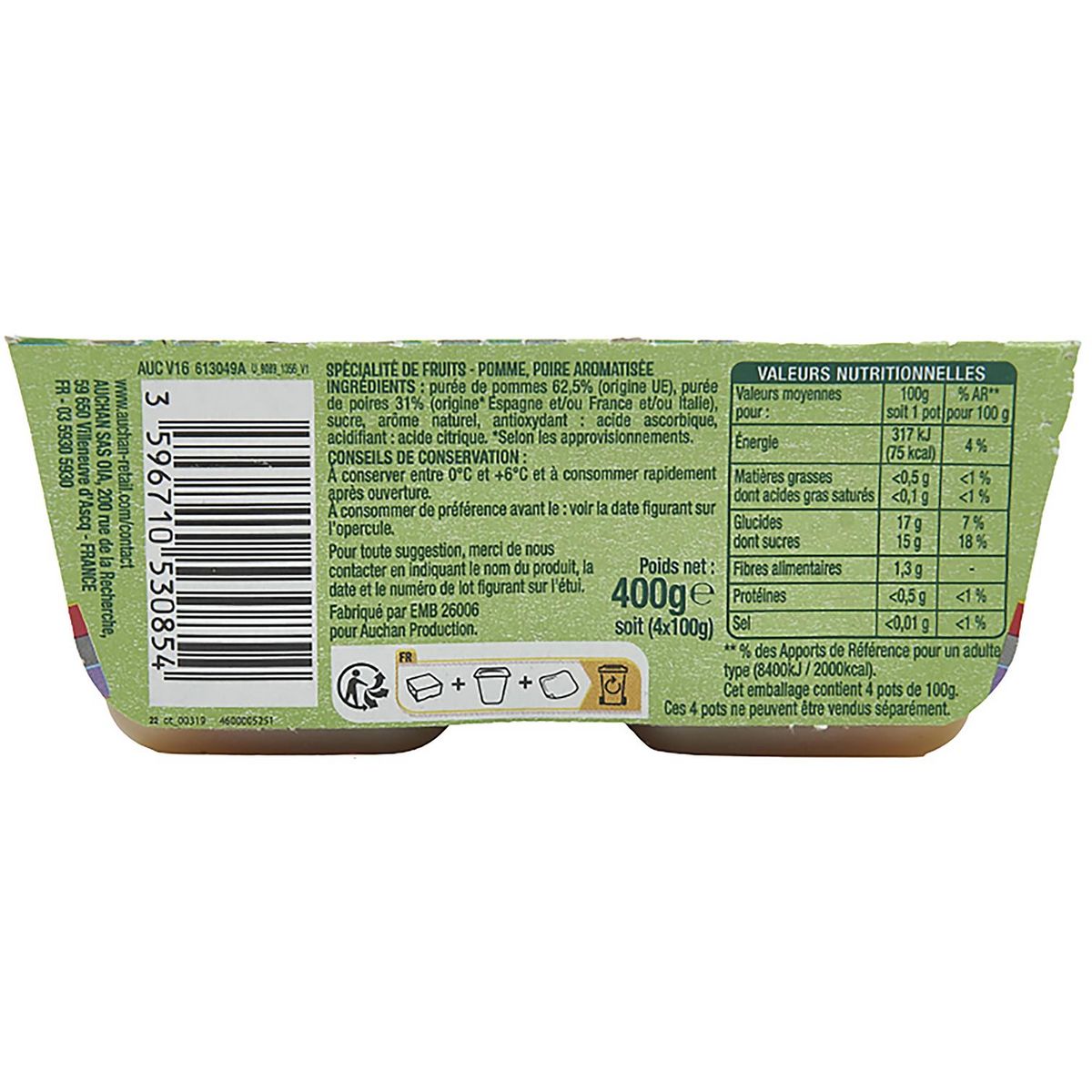 AUCHAN Spécialité pomme poire 4x100g