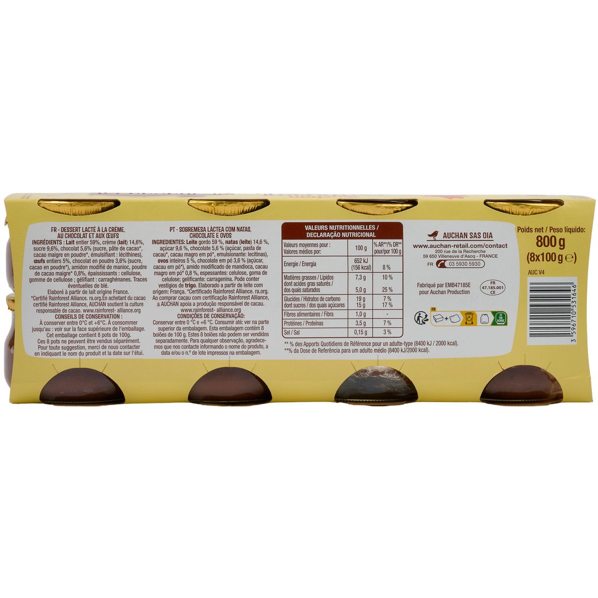 AUCHAN Petits pots de crème chocolat 8x100g