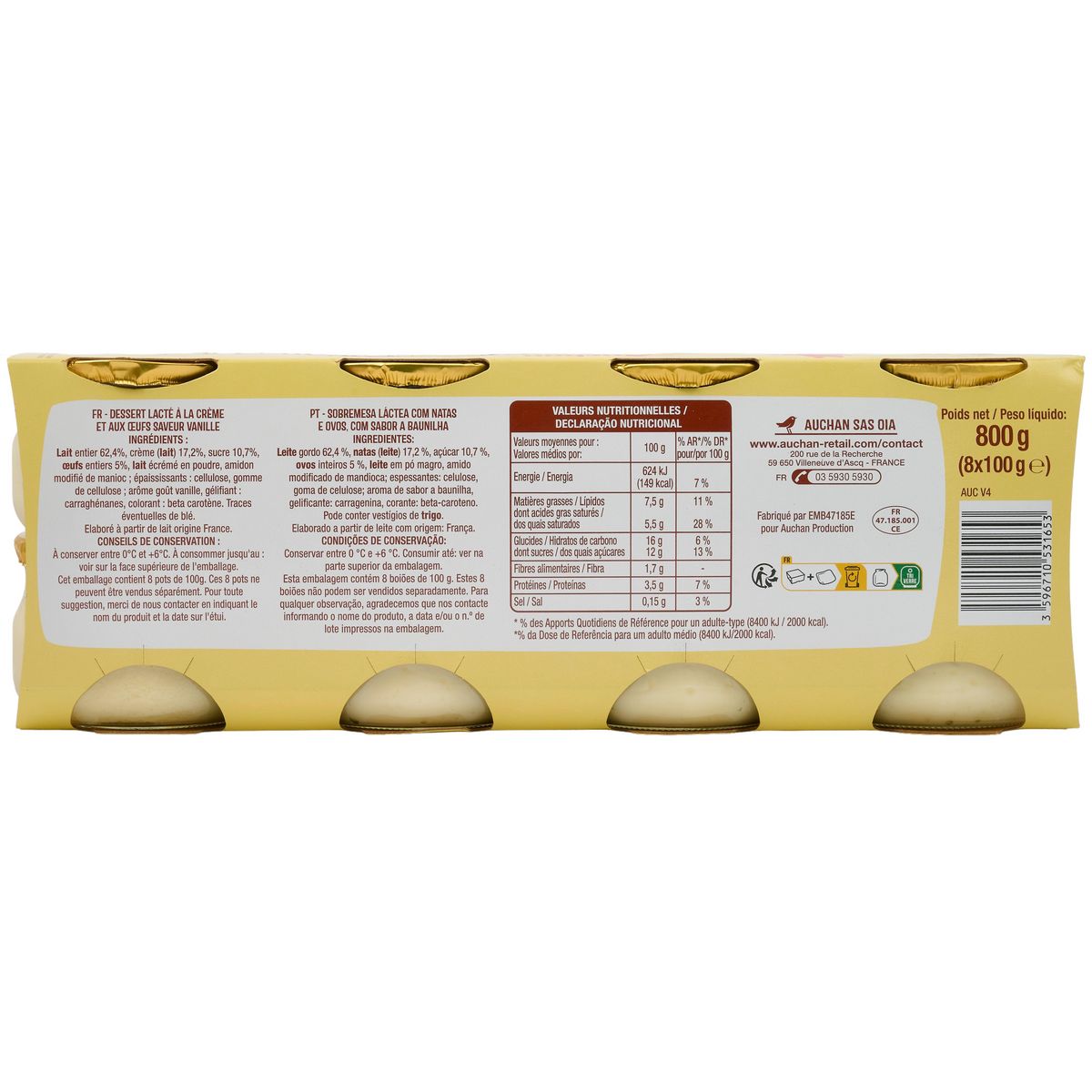 AUCHAN Petits pots de crème saveur vanille 8x100g
