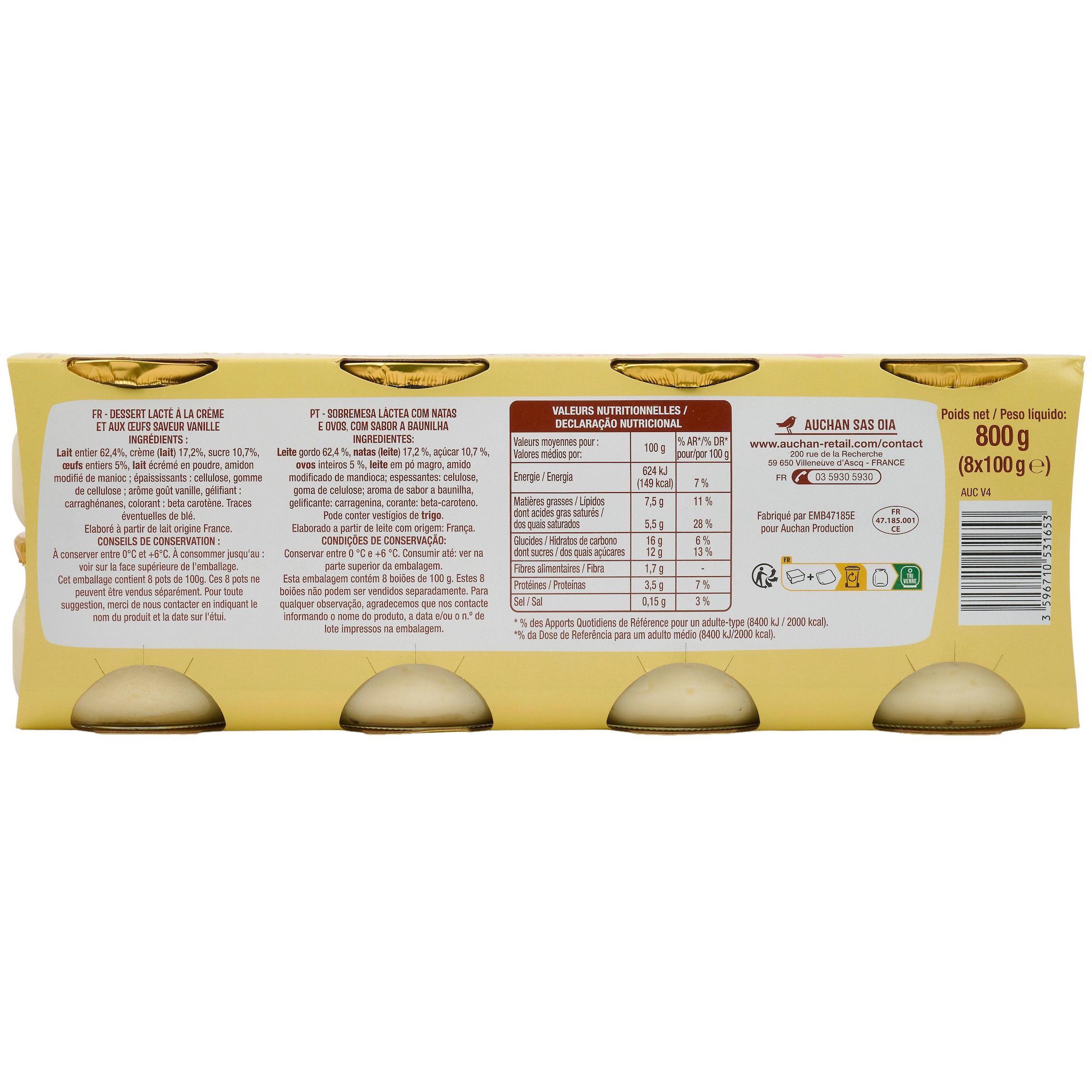 Voir la diapositive 2 : AUCHAN Petits pots de crème saveur vanille 8x100g