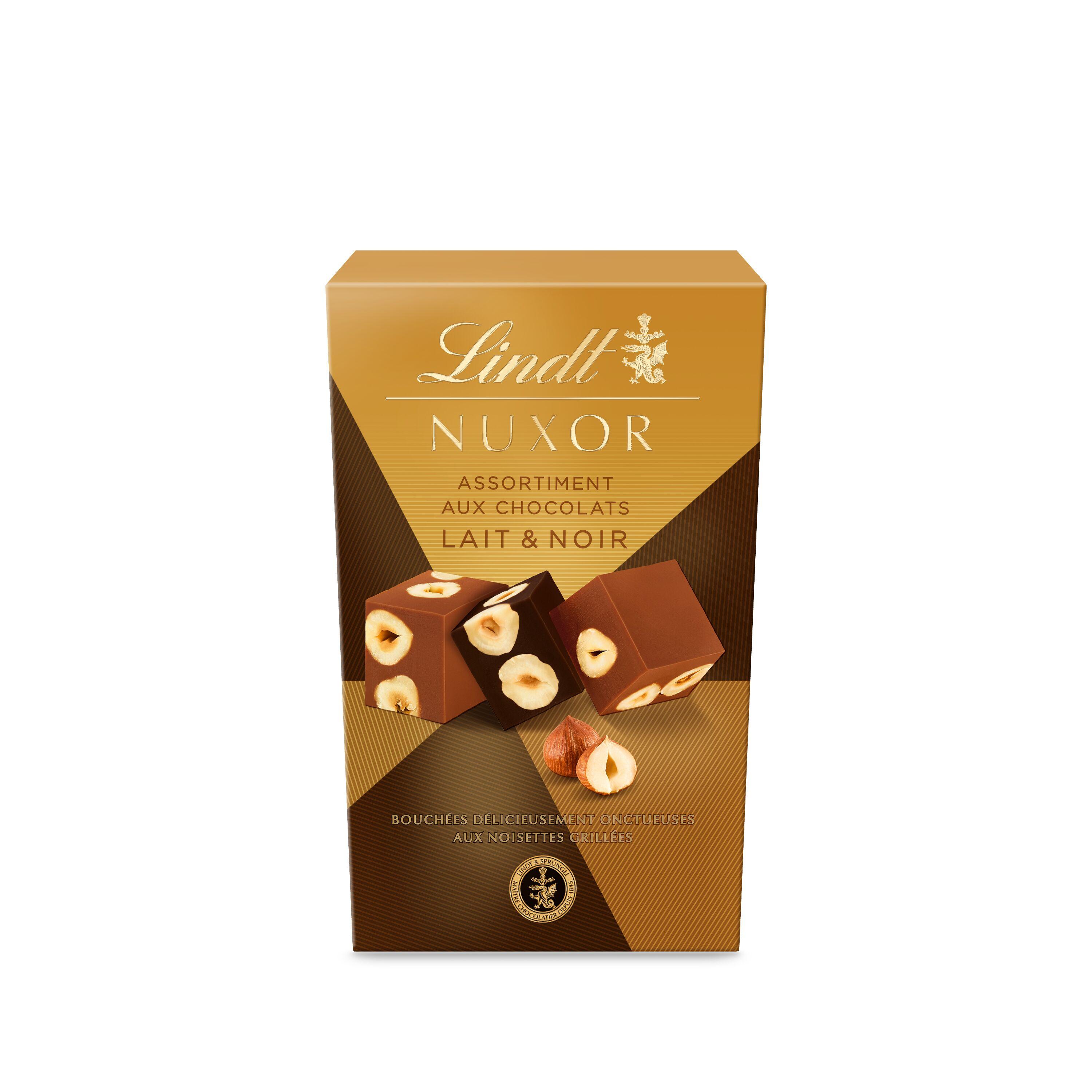 LINDT Nuxor assortiment de bouchées de chocolats au lait et noir aux noisettes gianduja 150g