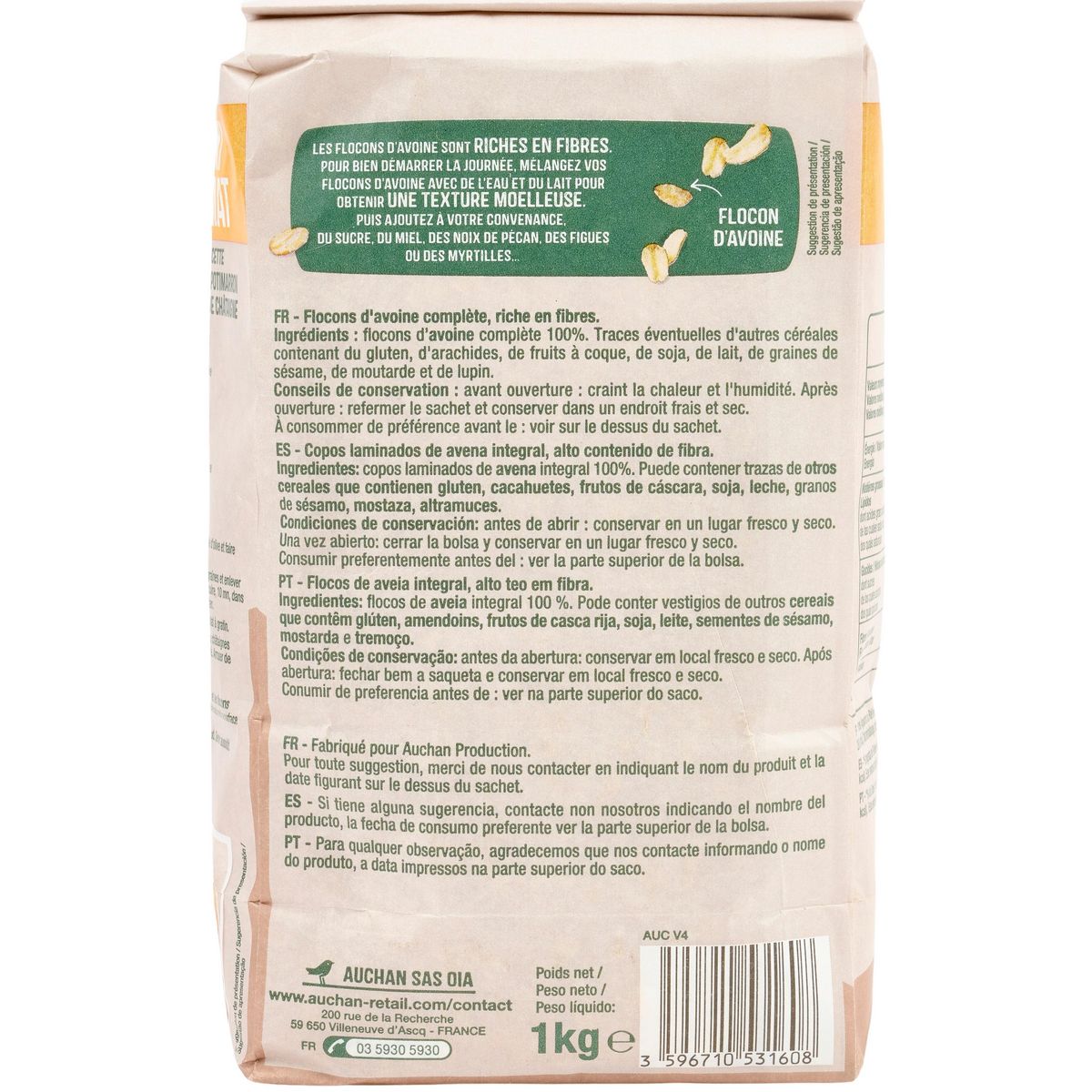 AUCHAN Flocons d'avoine Maxi format 1kg