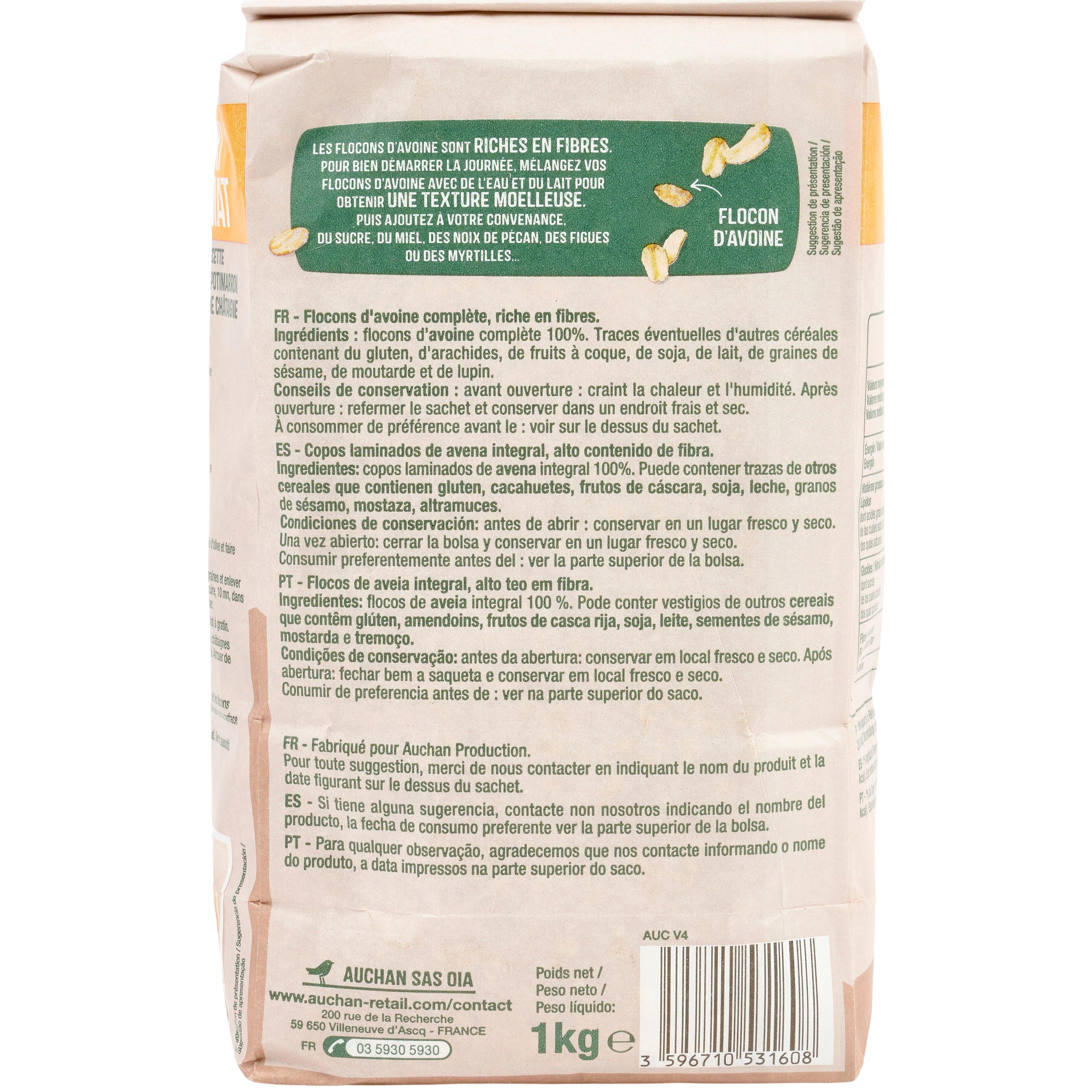 Voir la diapositive 4 : AUCHAN Flocons d'avoine Maxi format 1kg