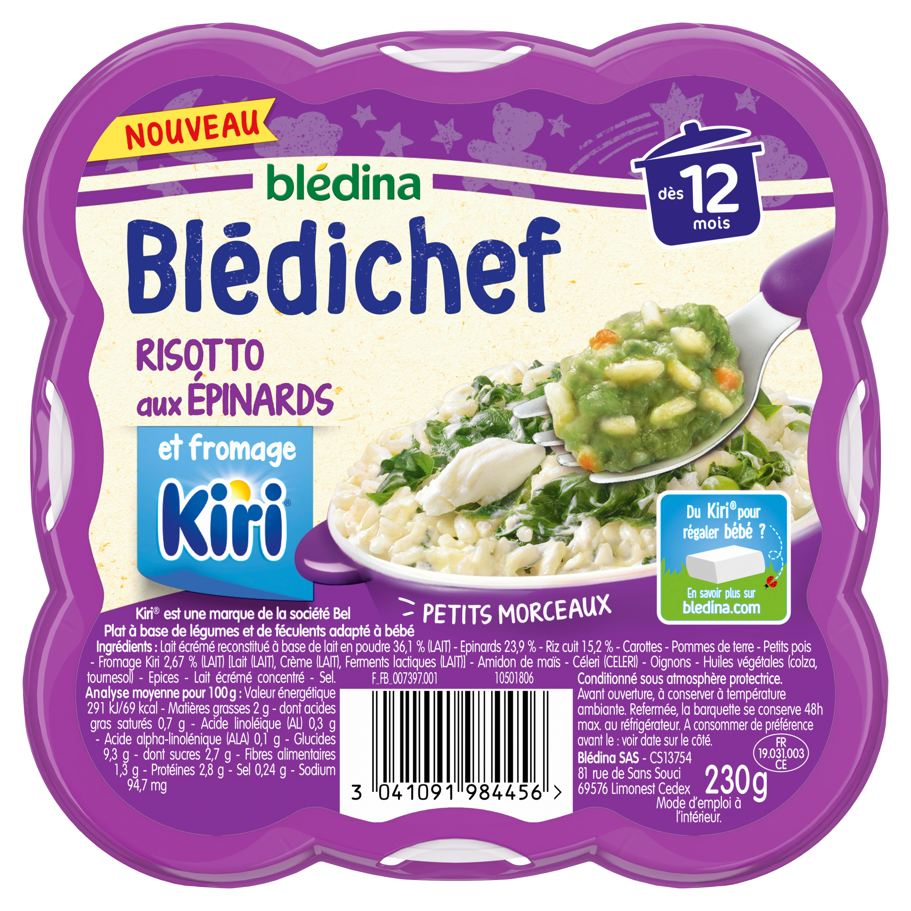 Voir la diapositive 2 : BLEDINA Blédichef Assiette de risotto aux épinards et fromage Kiri dès 12 mois 230g