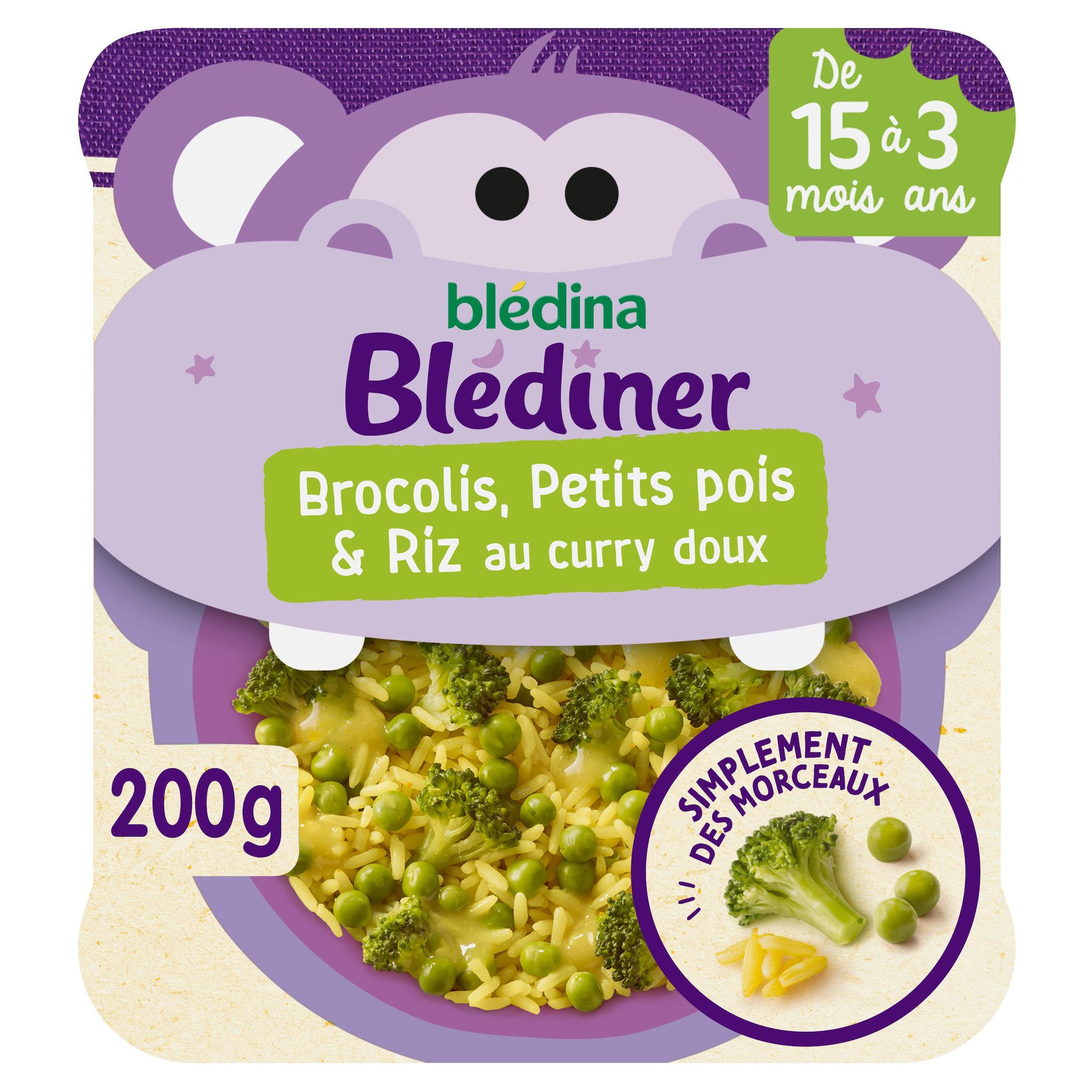 BLEDINER Assiette brocolis petits pois et riz au curry doux dès 15 mois 200g