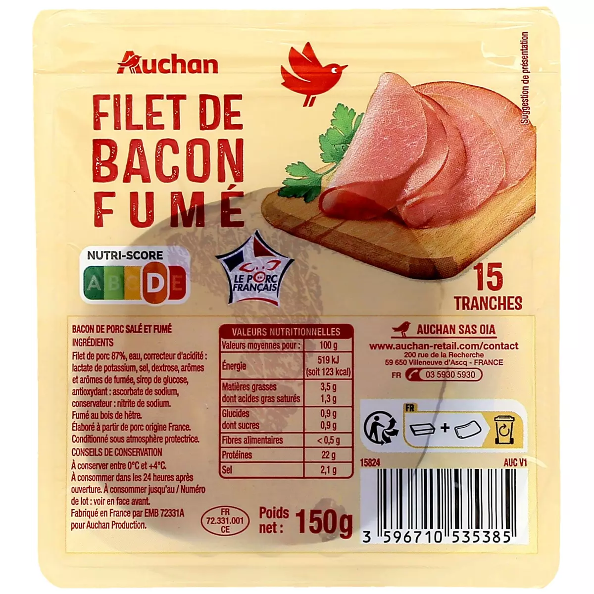 AUCHAN Filet de bacon fumé 15 tranches 150g