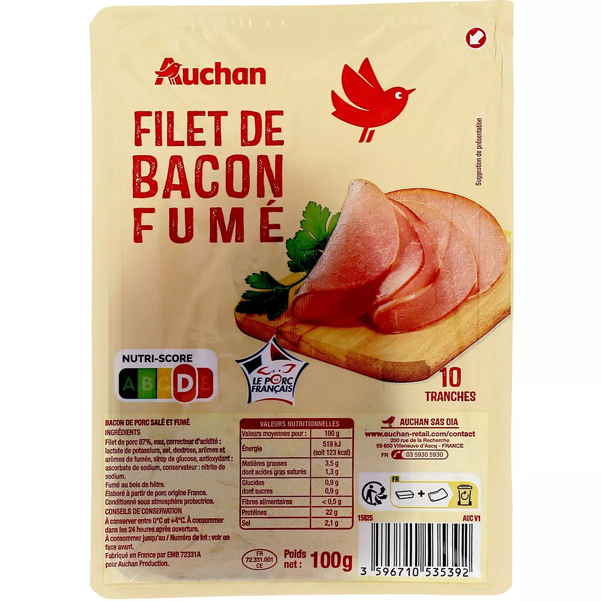 AUCHAN Filet de bacon fumé 10 tranches 100g