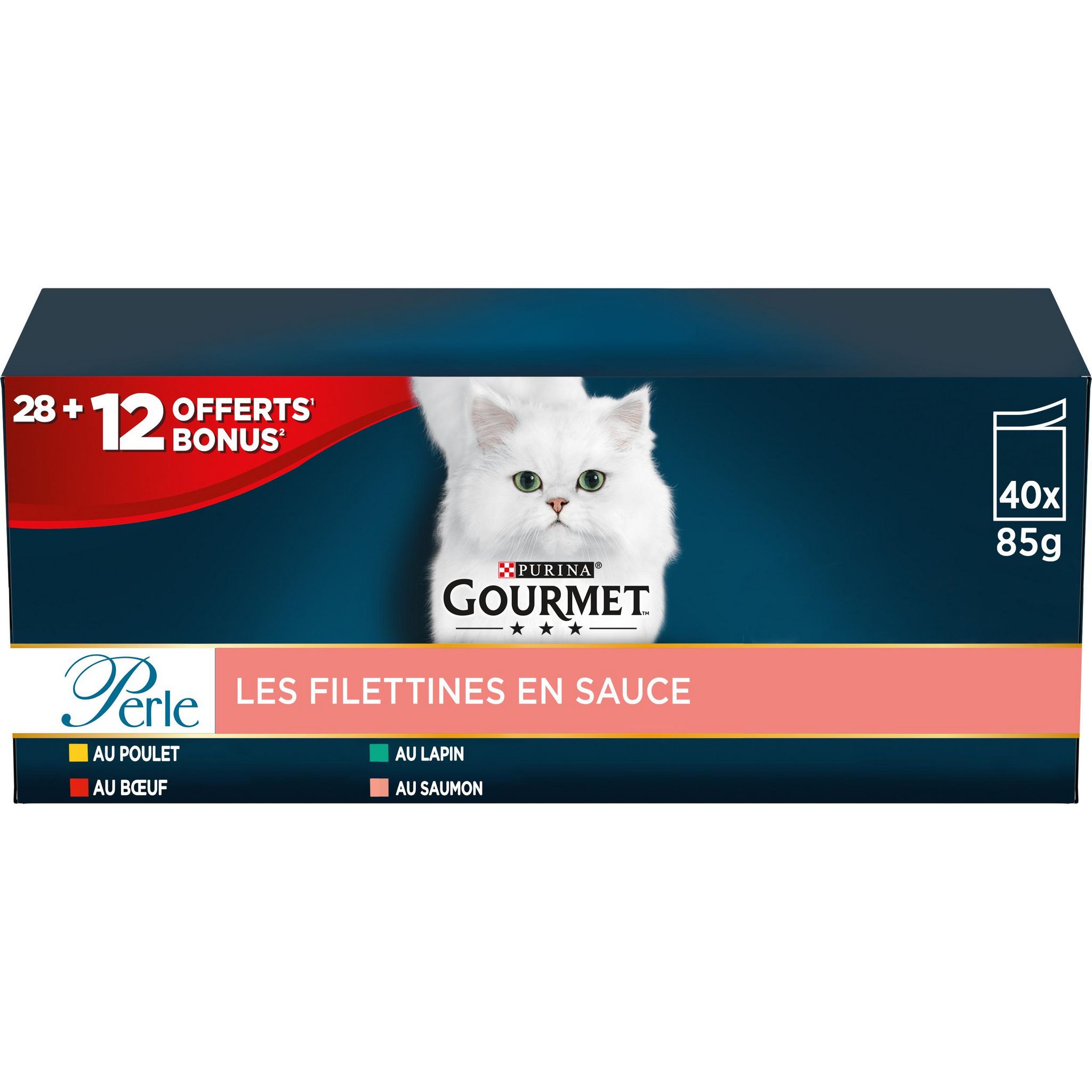 Voir la diapositive 2 : PURINA Perle Sachets repas les filettines en sauce viande et poisson pour chat 28+12 offerts 40x85g