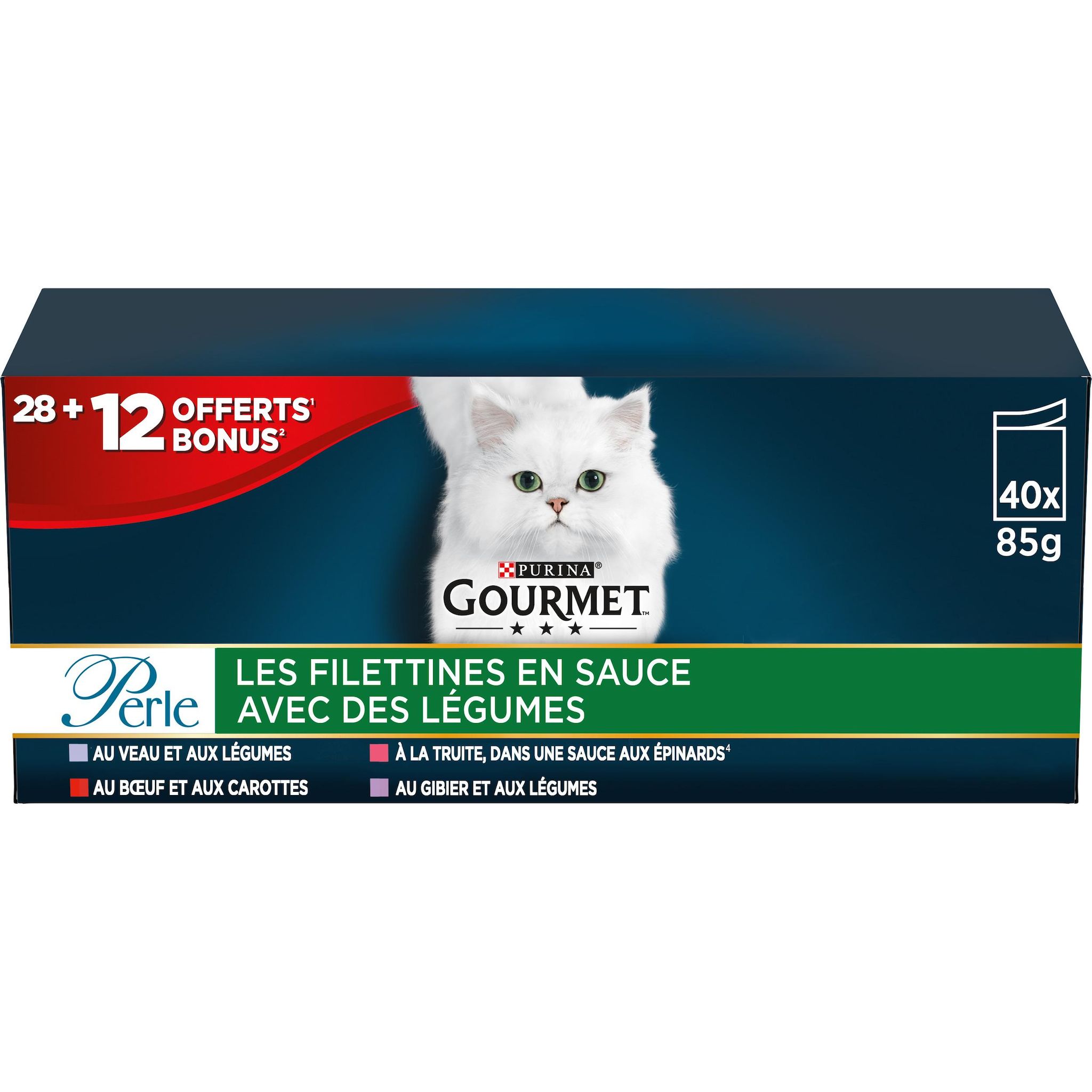 Voir la diapositive 3 : PURINA Gourmet Sachets repas perle filettines en sauce à la viande et légumes pour chat 28+12 offerts 40x85g