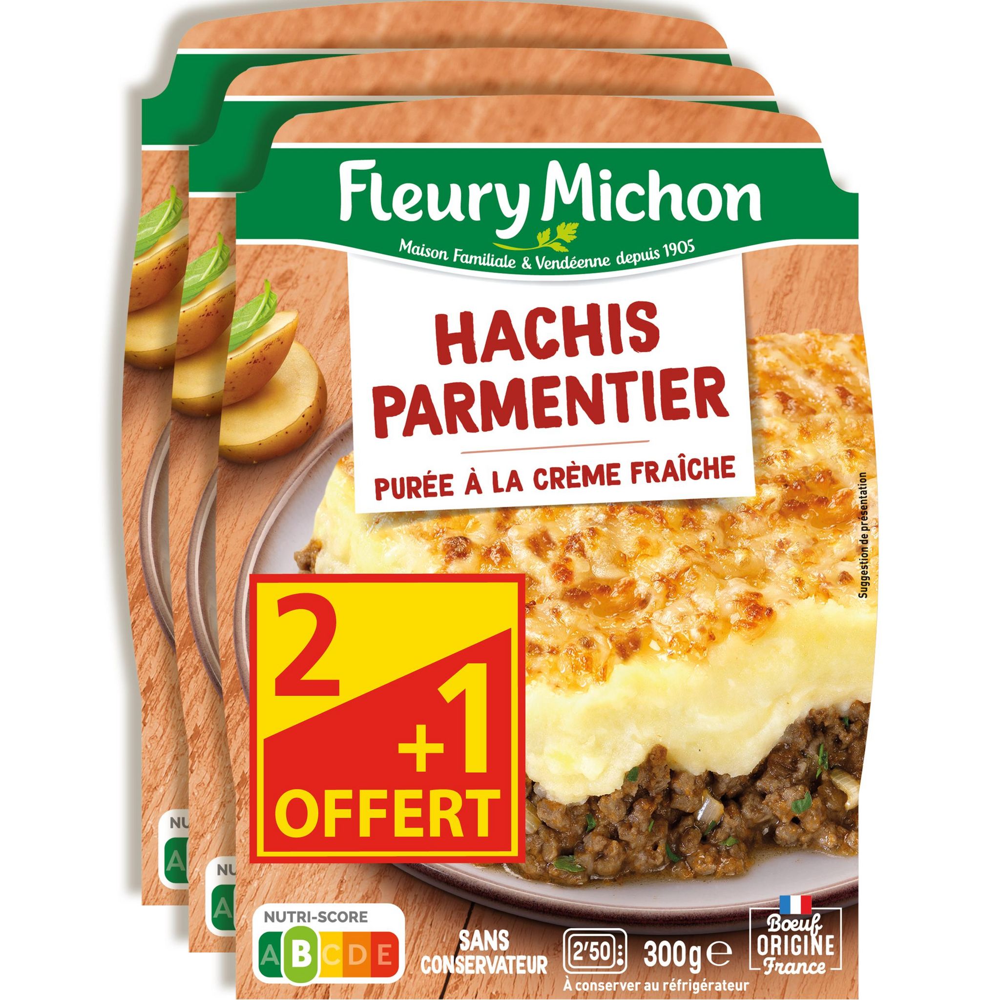 FLEURY MICHON Hachis parmentier purée à la crème fraîche Lot de 2+1 offert 3x300g