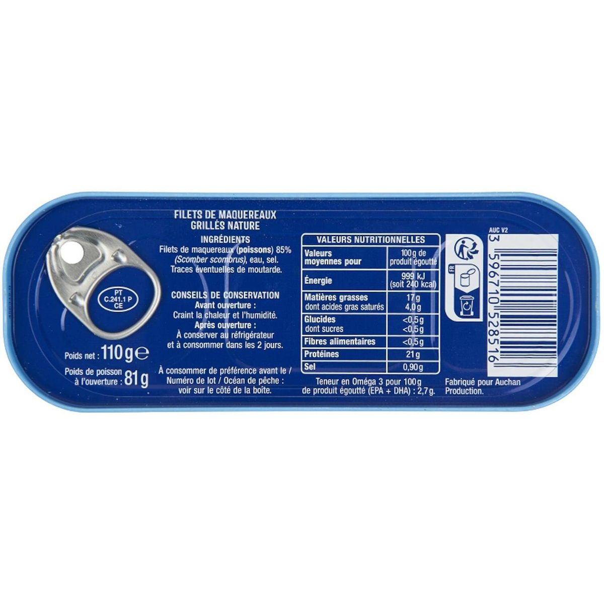 AUCHAN Filets de maquereaux grillés nature 110g