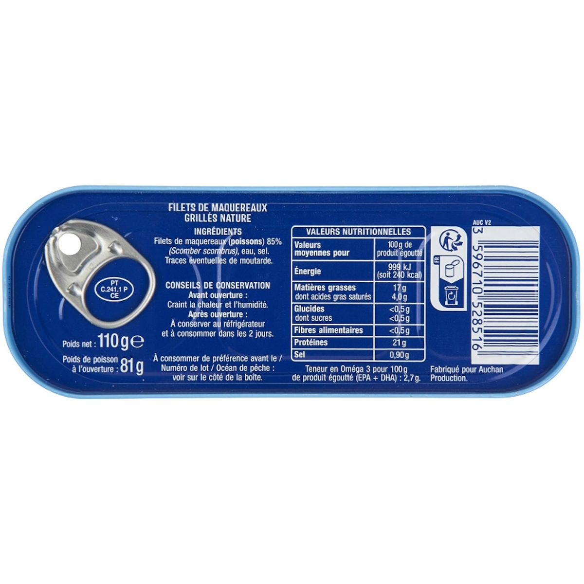 AUCHAN Filets de maquereaux grillés nature 110g