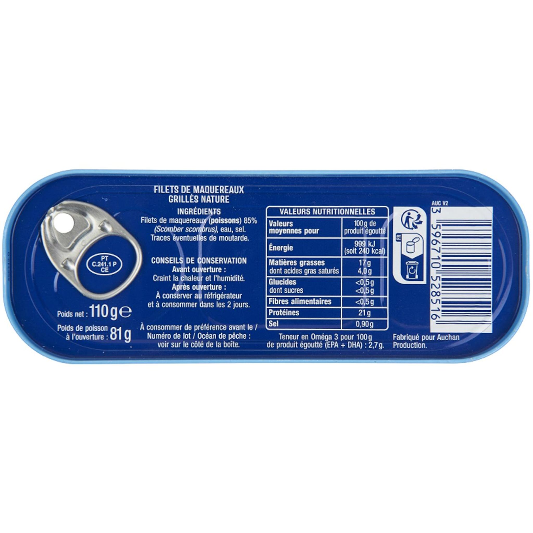 Voir la diapositive 3 : AUCHAN Filets de maquereaux grillés nature 110g